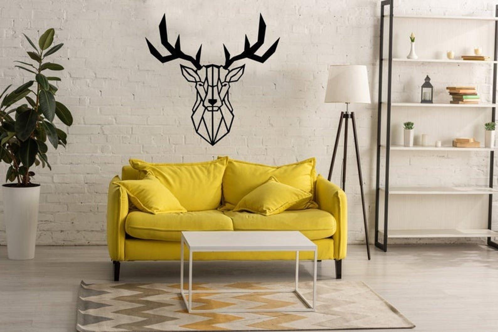 MDF Geometric Deer Head Wall Hanging Art, 80X70X0.5 Cm - Black