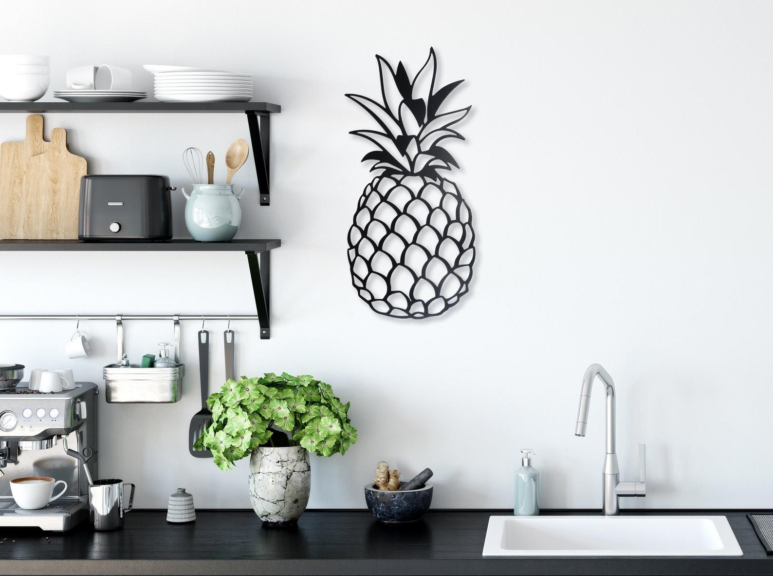 MDF Tropical Pineapple Wall Hanging Decor, 130X62X0.5 Cm - Black