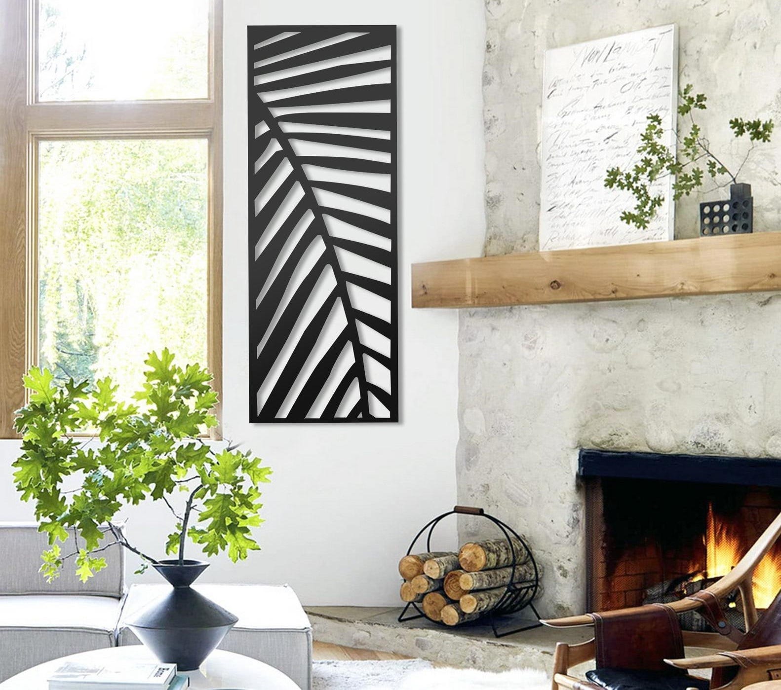 MDF Leaves Modern Wall Hanging Décor, 130X49X0.5 Cm - Black