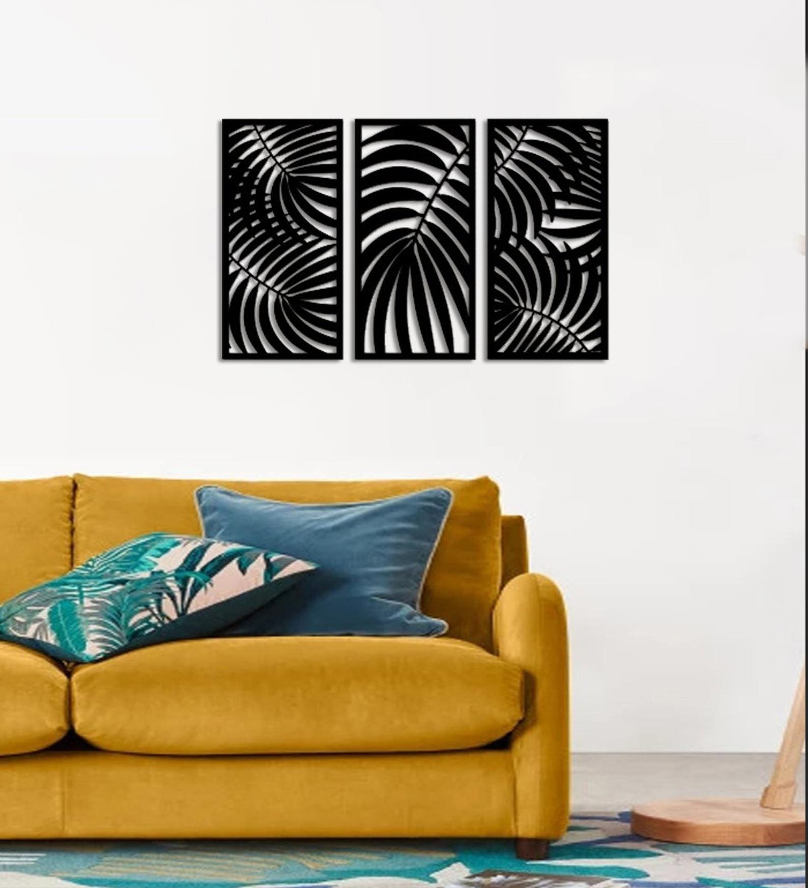 MDF Tropical Leaves Wall Hanging Art Set, 3 Pieces, 80X80X0.5 Cm - Black