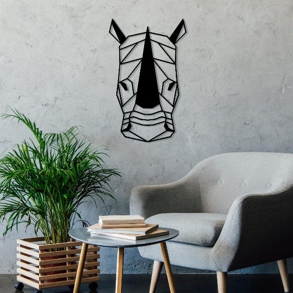 MDF Geometric Rhino Head Wall Hanging Art, 100X64X0.5 Cm - Black