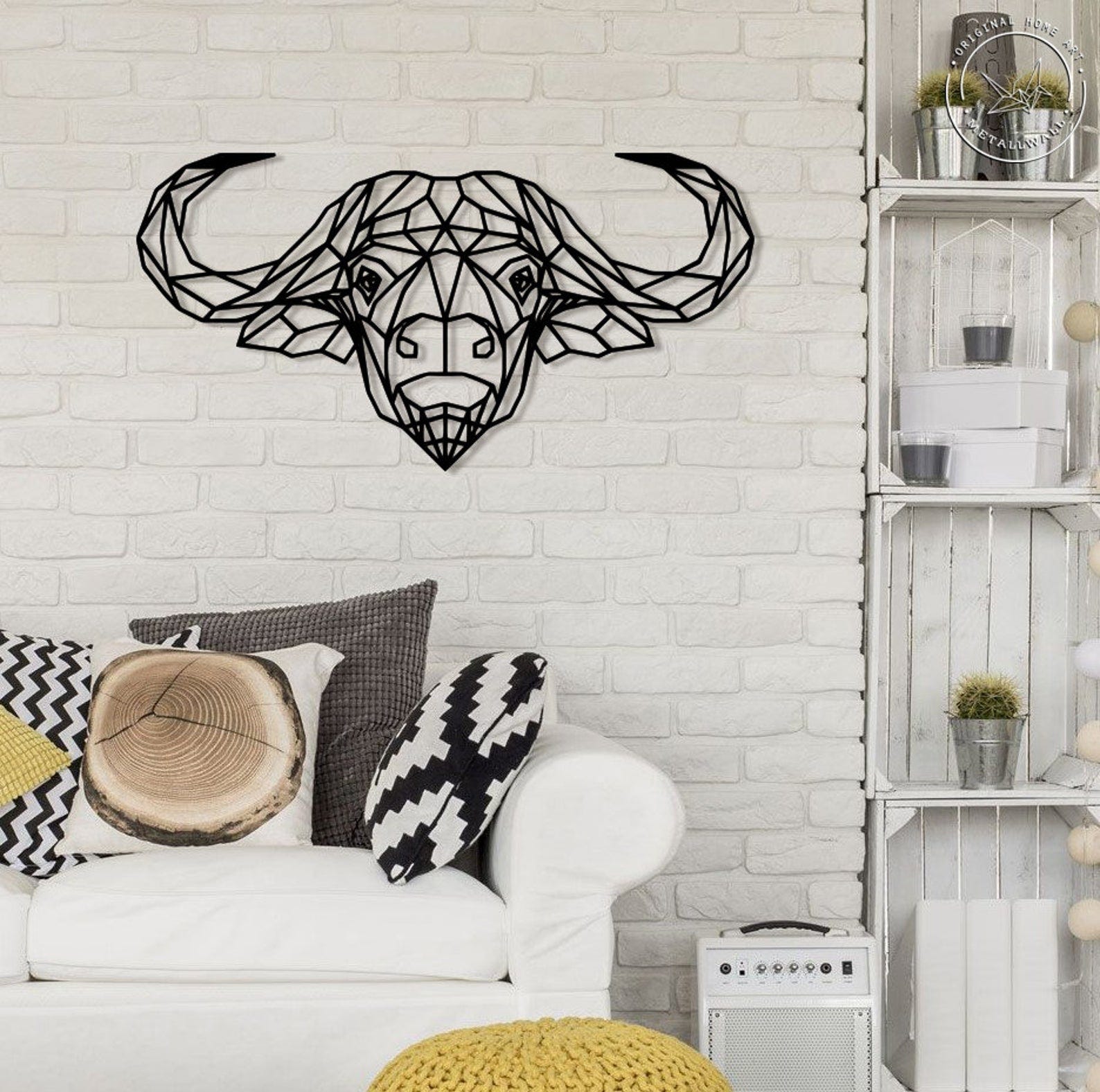 MDF Geometric Buffalo Head Wall Hanging Art, 110X55X0.5 Cm - Black