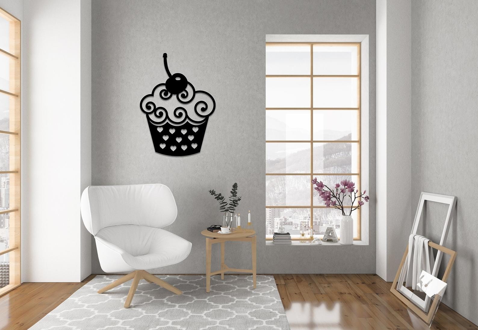 MDF Cupcake Wall Hanging Art Set, 4 Pieces, 100X100X0.5 Cm - Black