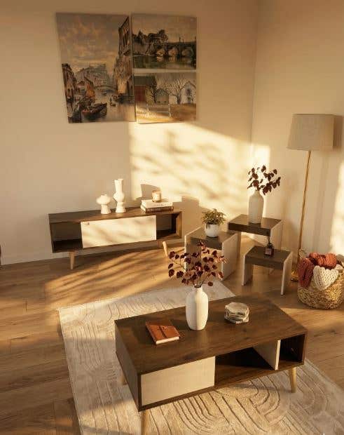 TV stand, coffee table, and shoe rack set, 3 pieces, MDF - brown beige