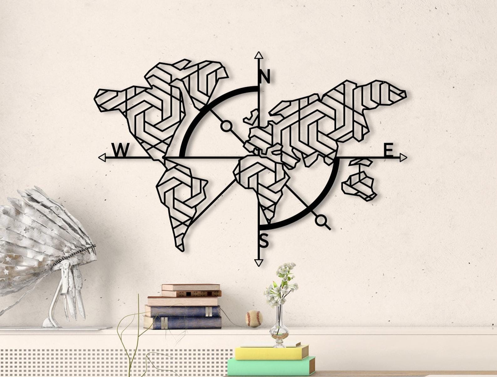 MDF World Map With Compass Wall Hanging Decor, 120X81X0.5 Cm - Black