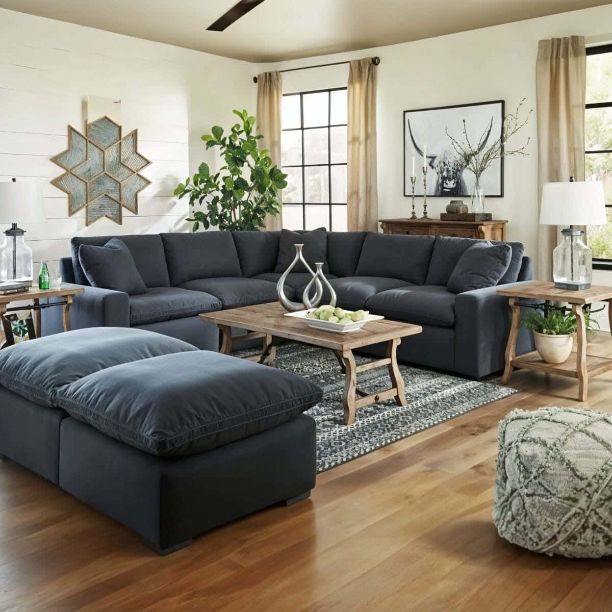 L-shaped corner sofa, beech wood, 2 poufs, linen, 270x270x80x70 cm - Gray
