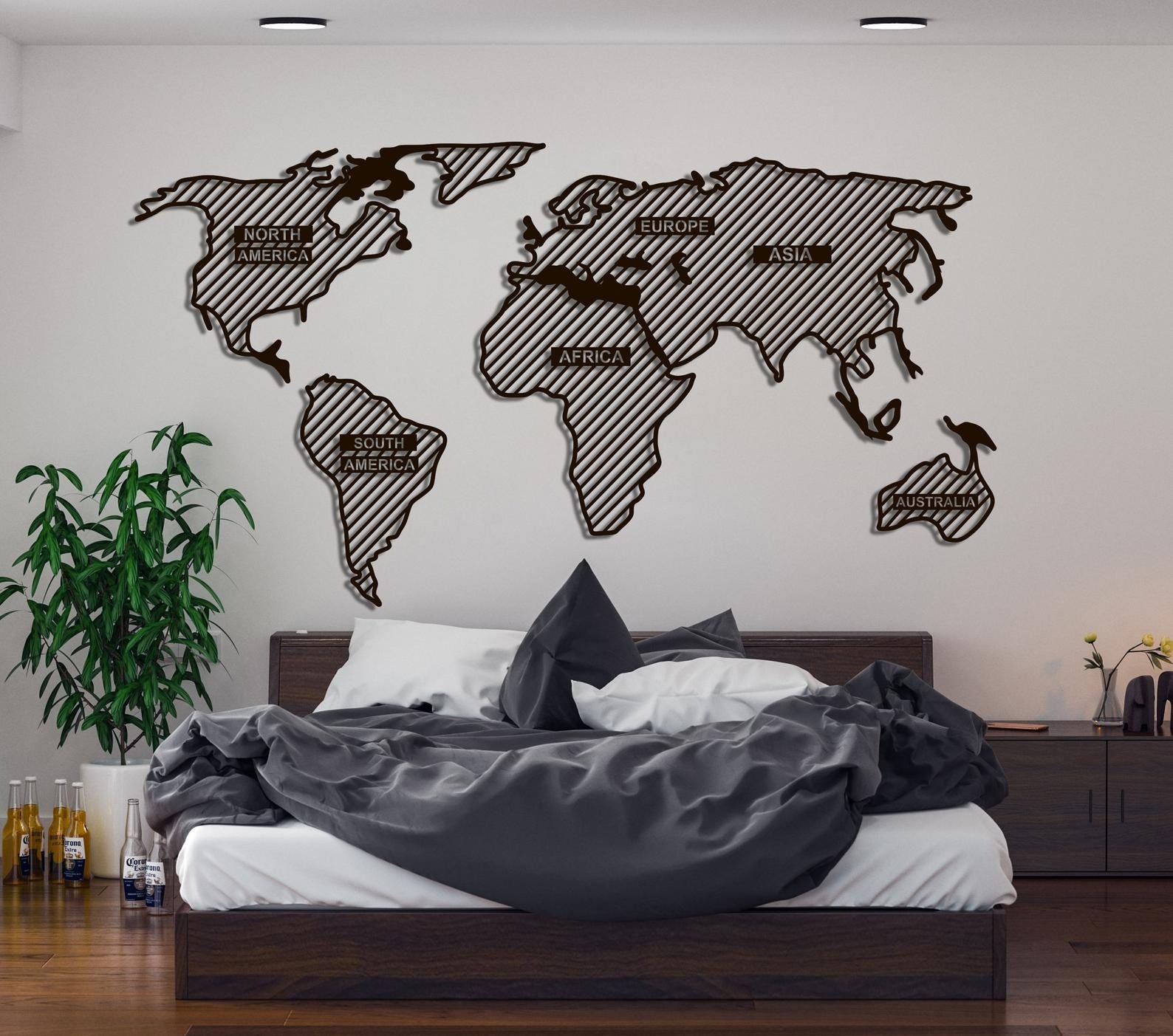 MDF World Map Wall Hanging Art, 130X74X0.5 Cm - Black