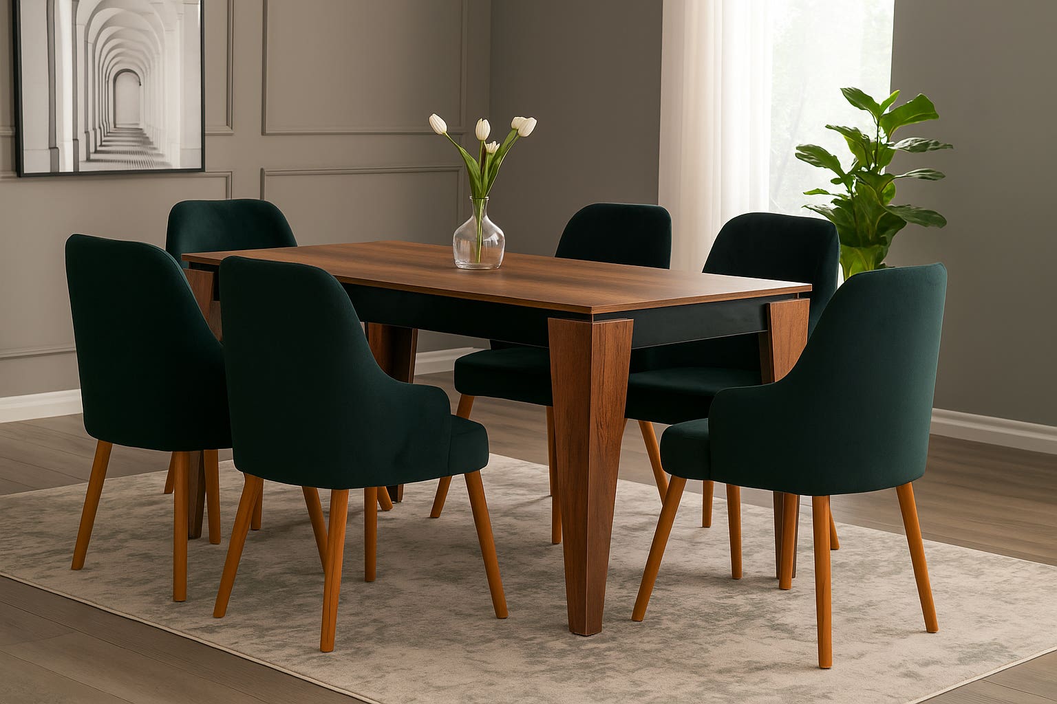 Modern MDF Wood Dining Table, 7 pieces - Brown Black