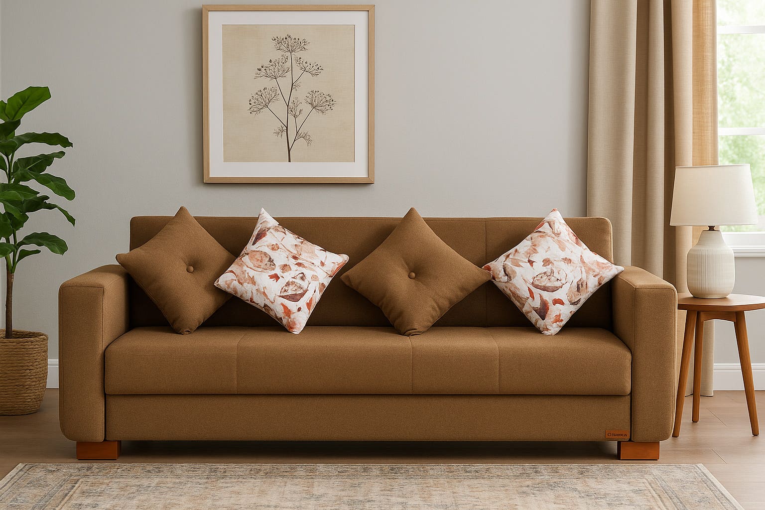 Aldora Layered Counter Sofa Bed with Linen Fabric, Two Armrests, Multi-Functional, 3-Seater, 4 Cushions, 210×75×70 cm - Brown