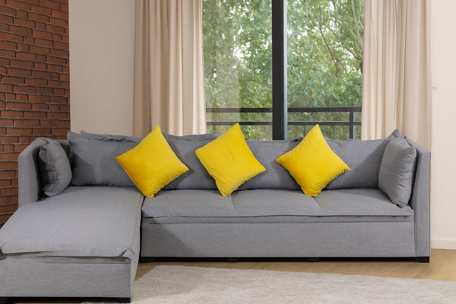L-shaped Corner Sofa Musky Wood, Linen Upholstery, 2 Pieces, 300×80×200×80 cm, 6 Large Cushions, 3 Small Cushions - Light Grey