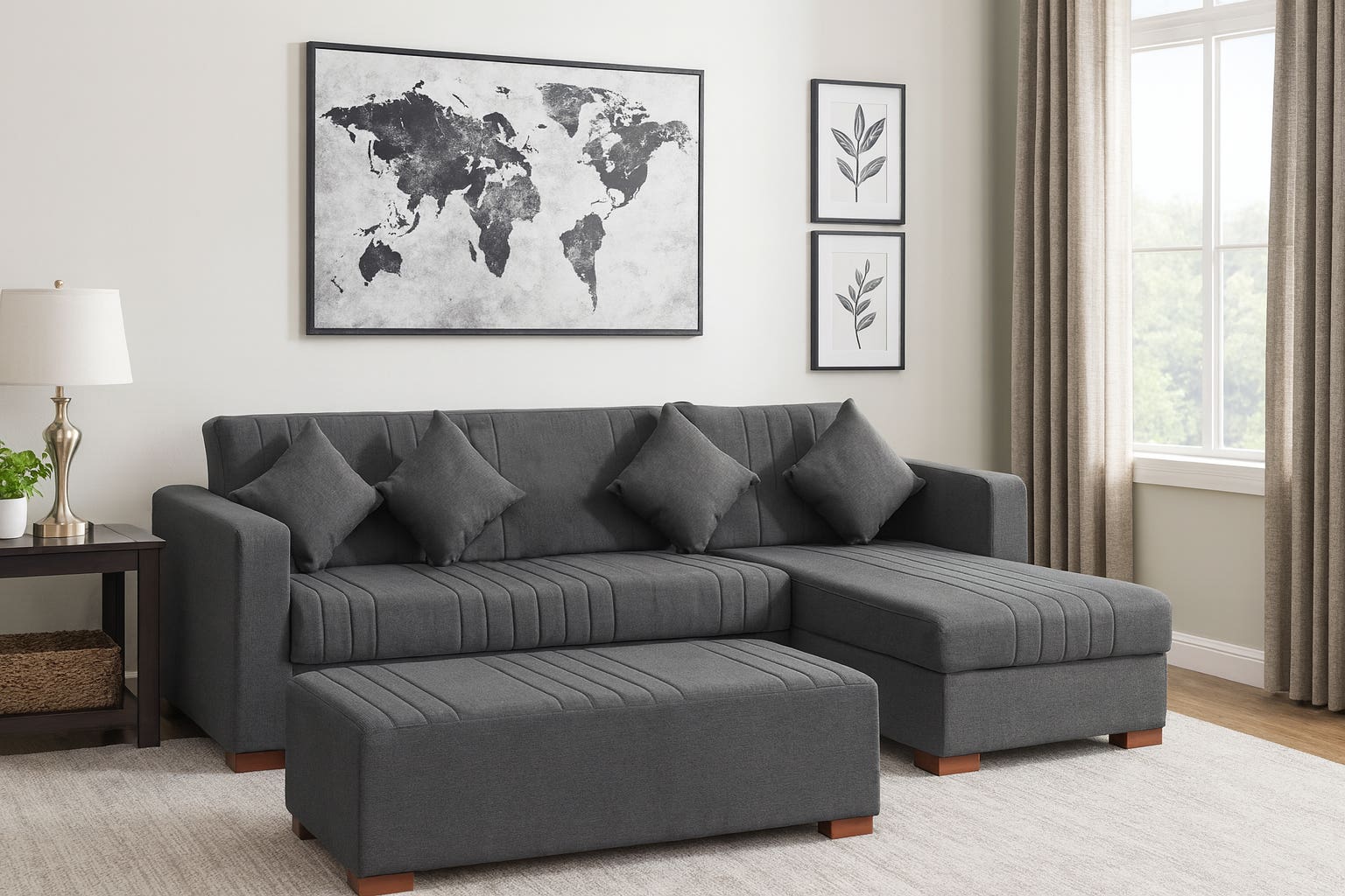 Juliet Corner Sofa Musky Wood Linen Fabric, 3 Pieces, 2-Seater Sofa, Chaise Lounge, Puff, 4 Pillows - Dark Grey