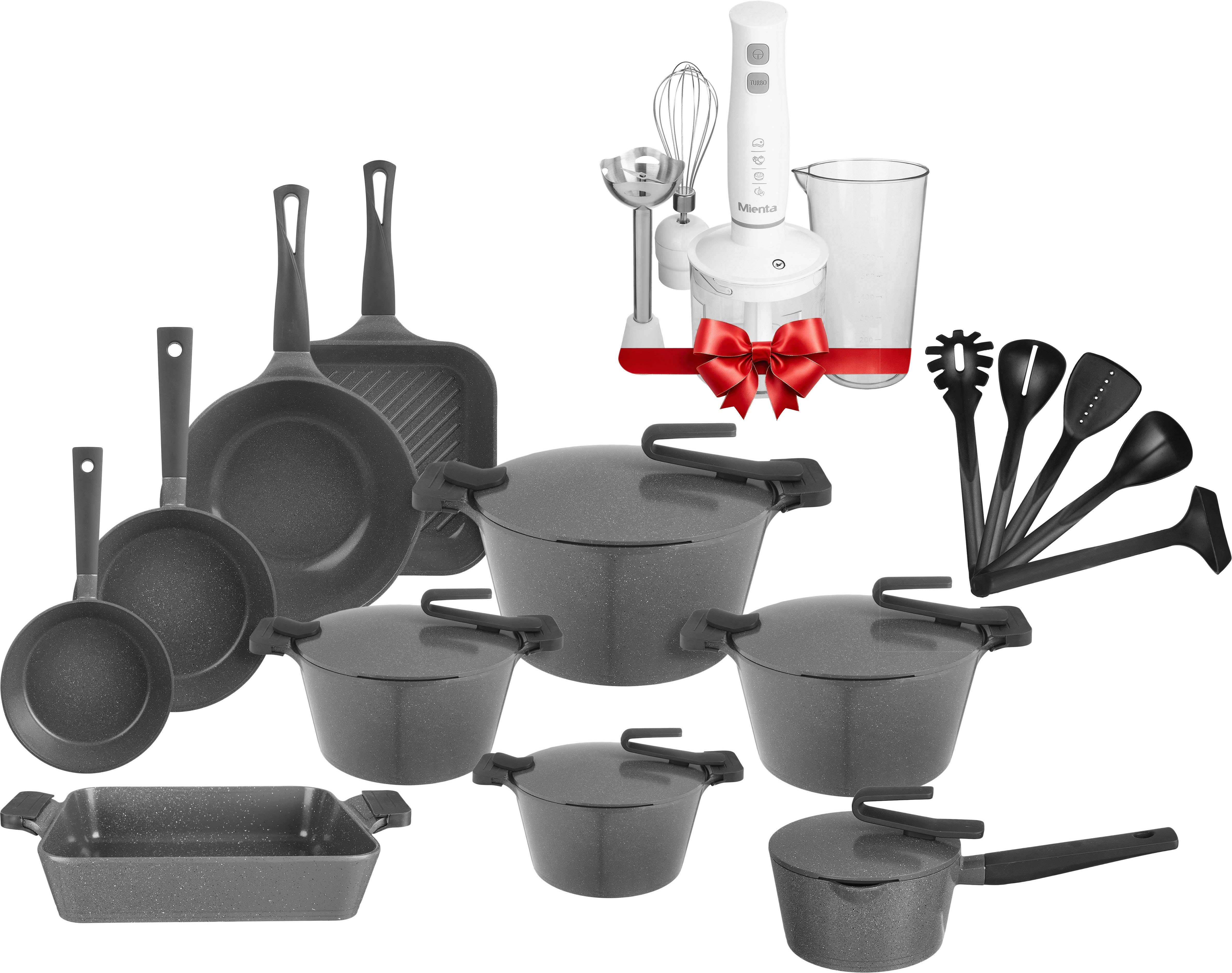 Pyrex Artisan Granite Pots Set, 24 Pieces, Plus a Free Hand Blender Mienta - Dark Grey
