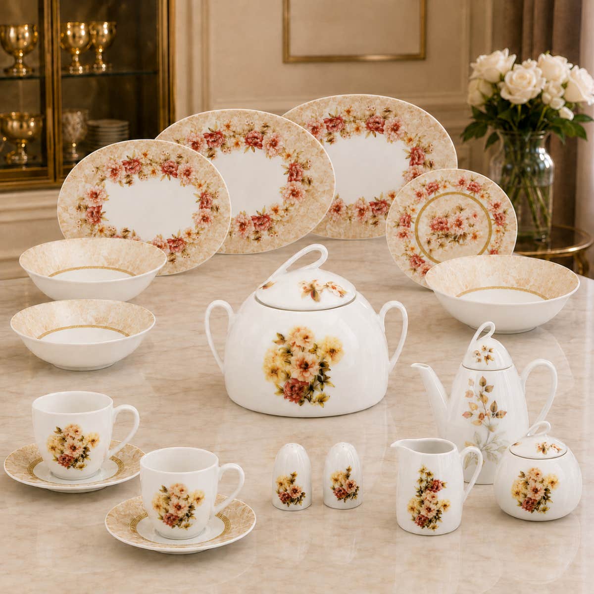 Lotus Porcelain Dinner Set, 60 Pieces - Multicolor