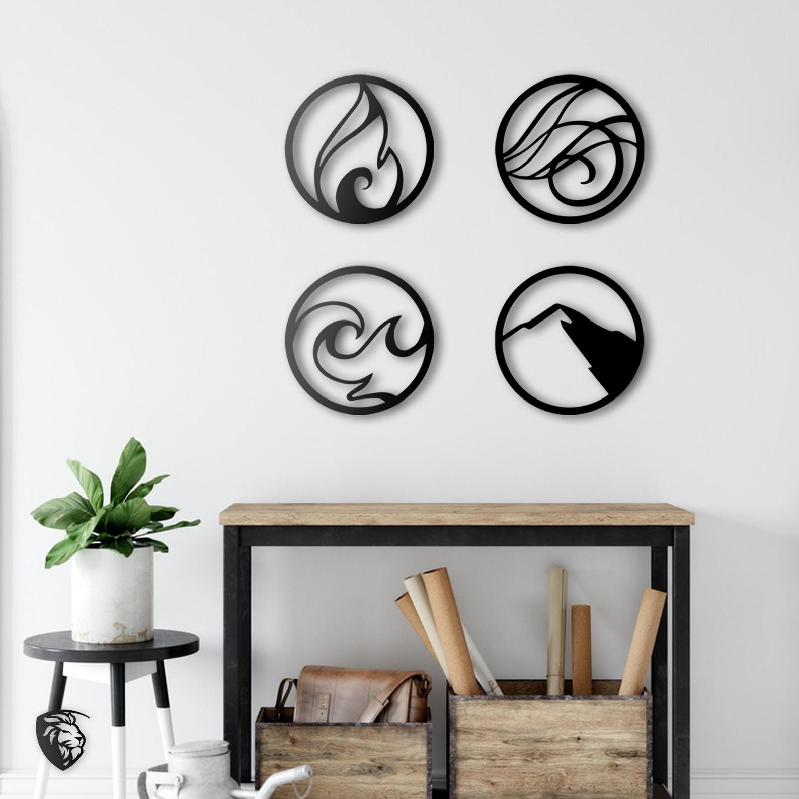 MDF Elements Wall Hanging Art Set, 4 Pieces, 100X100X0.5 Cm - Black