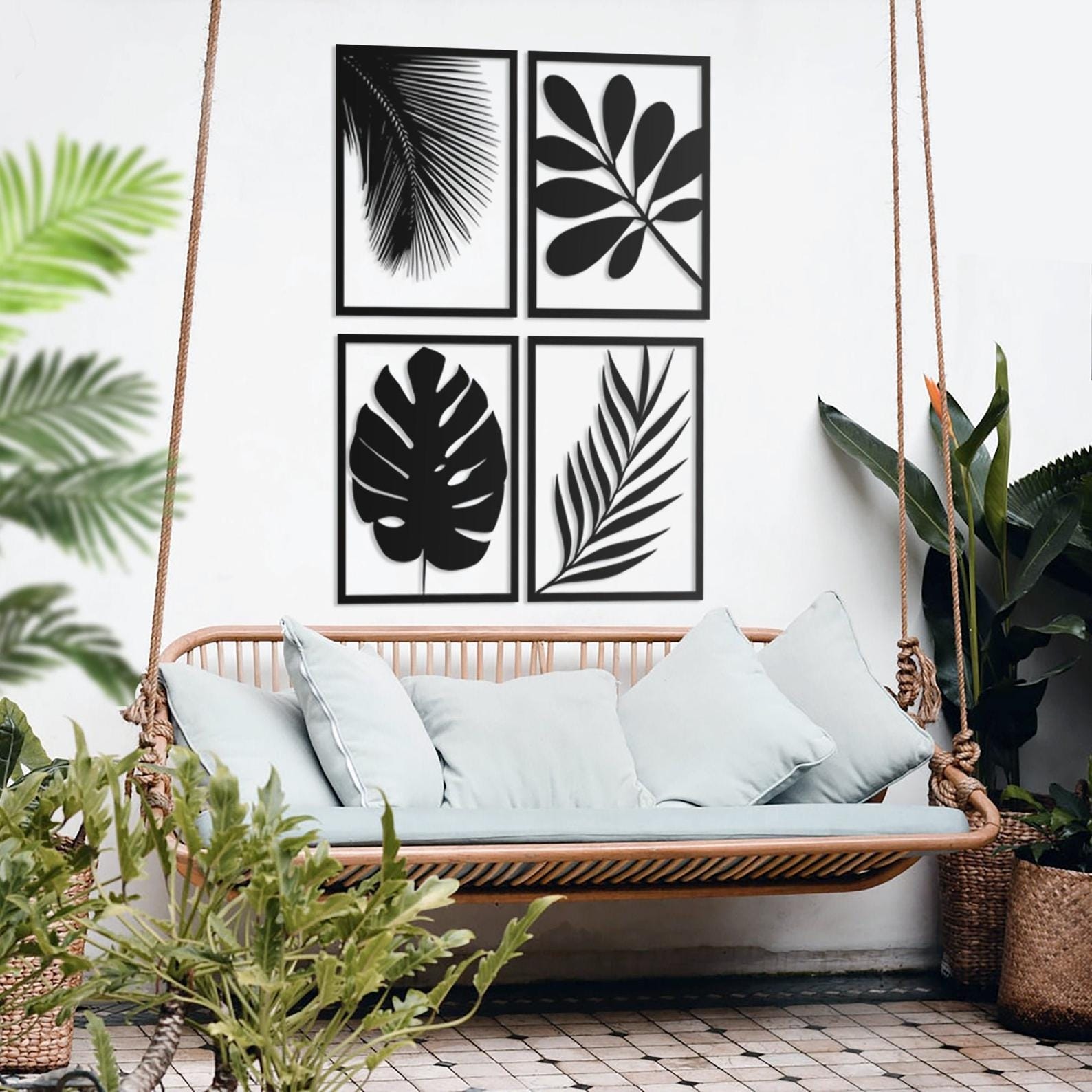 MDF Plants Leaves Wall Hanging Art, 4 Pieces, 100X75X0.5 Cm - Black