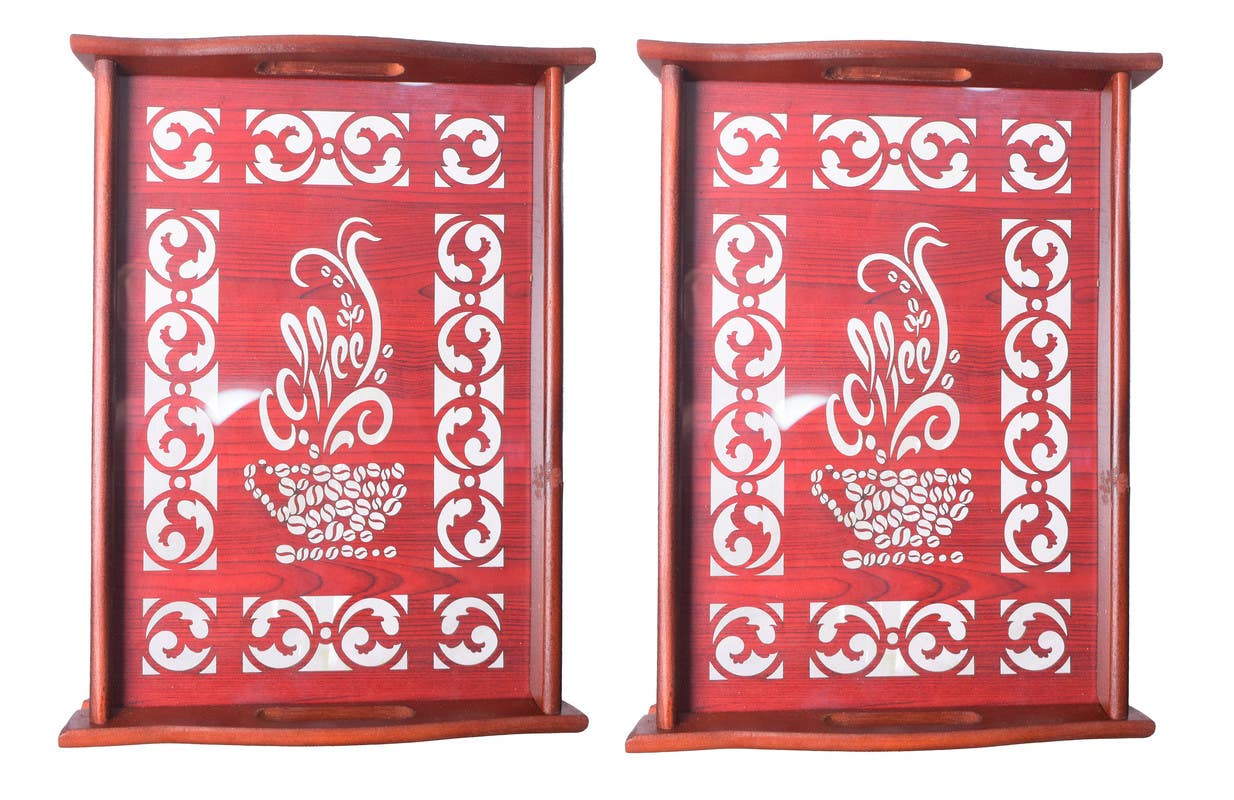 Acrylic and Wood Rectangular Tray Set, 2 Pieces - Red
