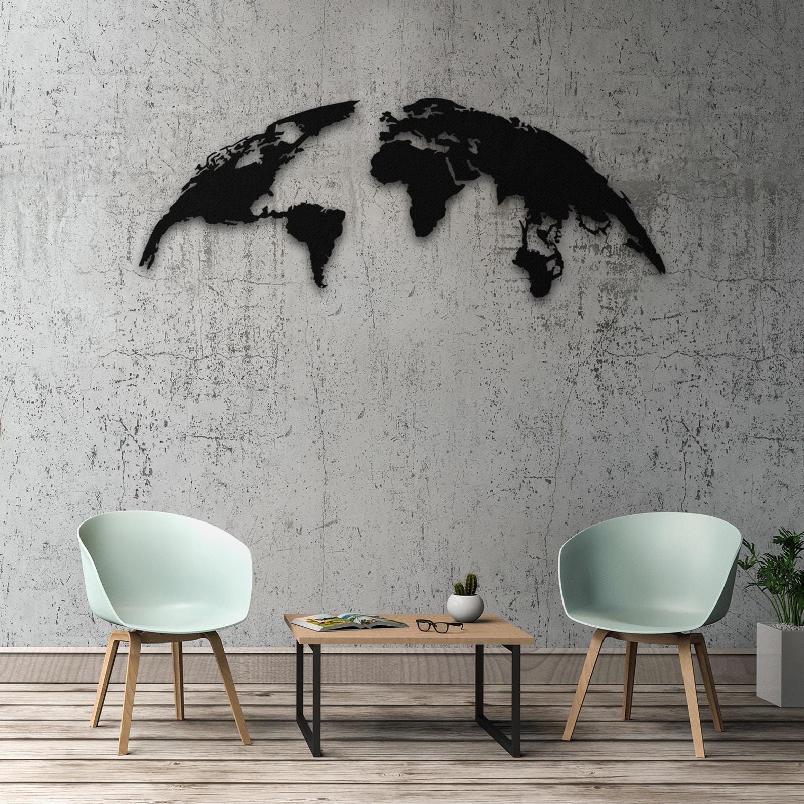 MDF Round World Map Wall Hanging Art, 120X47X0.5 Cm - Black