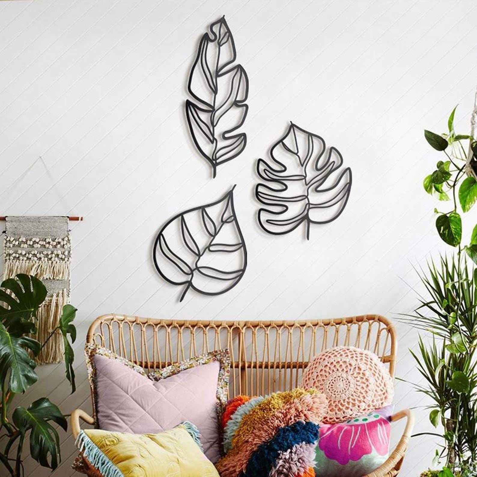 MDF Leaves Modern Wall Hanging Décor Set, 3 Pieces, 120X96X0.5 Cm - Black