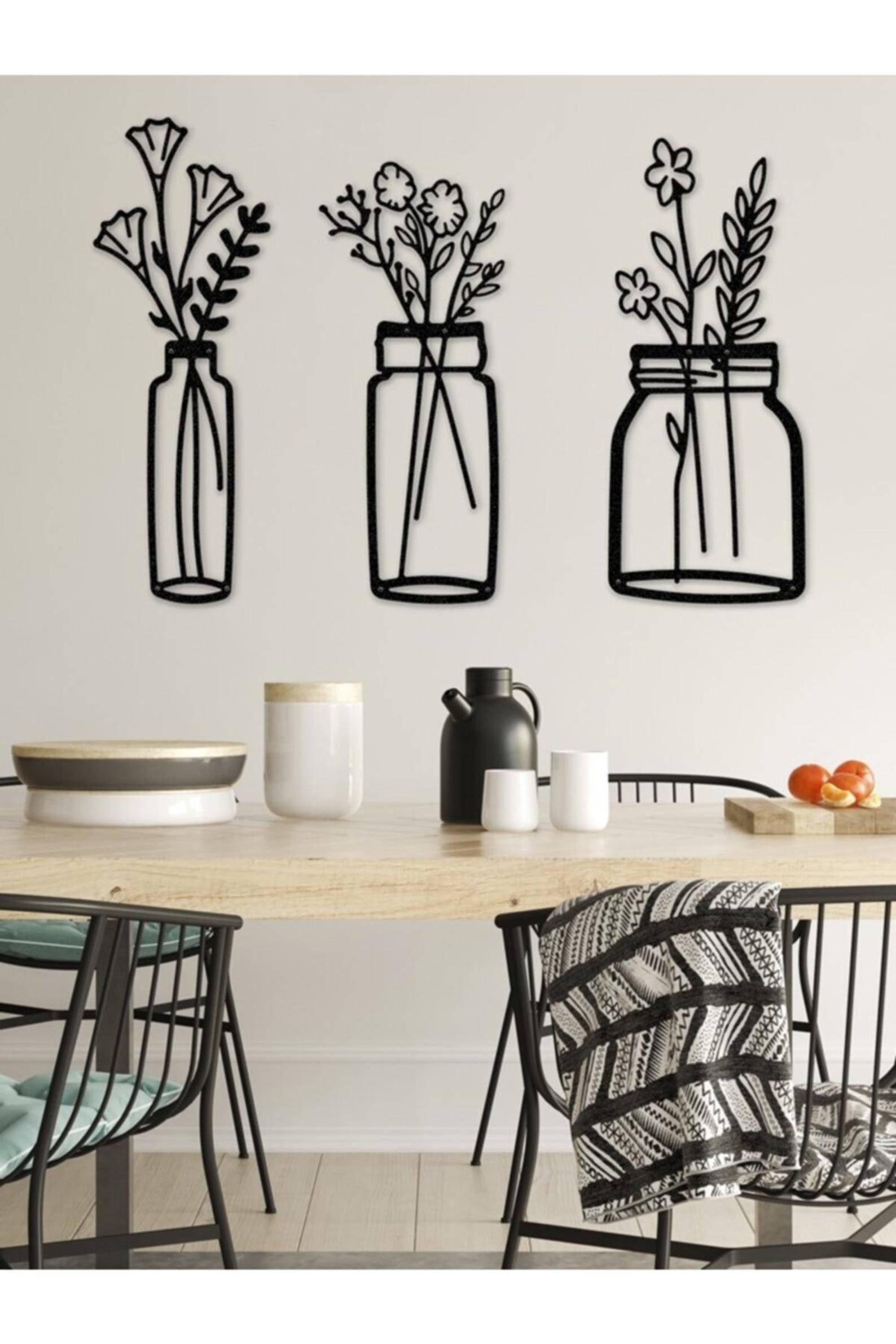 MDF Spring Flowers Wall Hanging Decor Set, 3 Pieces, 130X53X0.5 Cm - Black