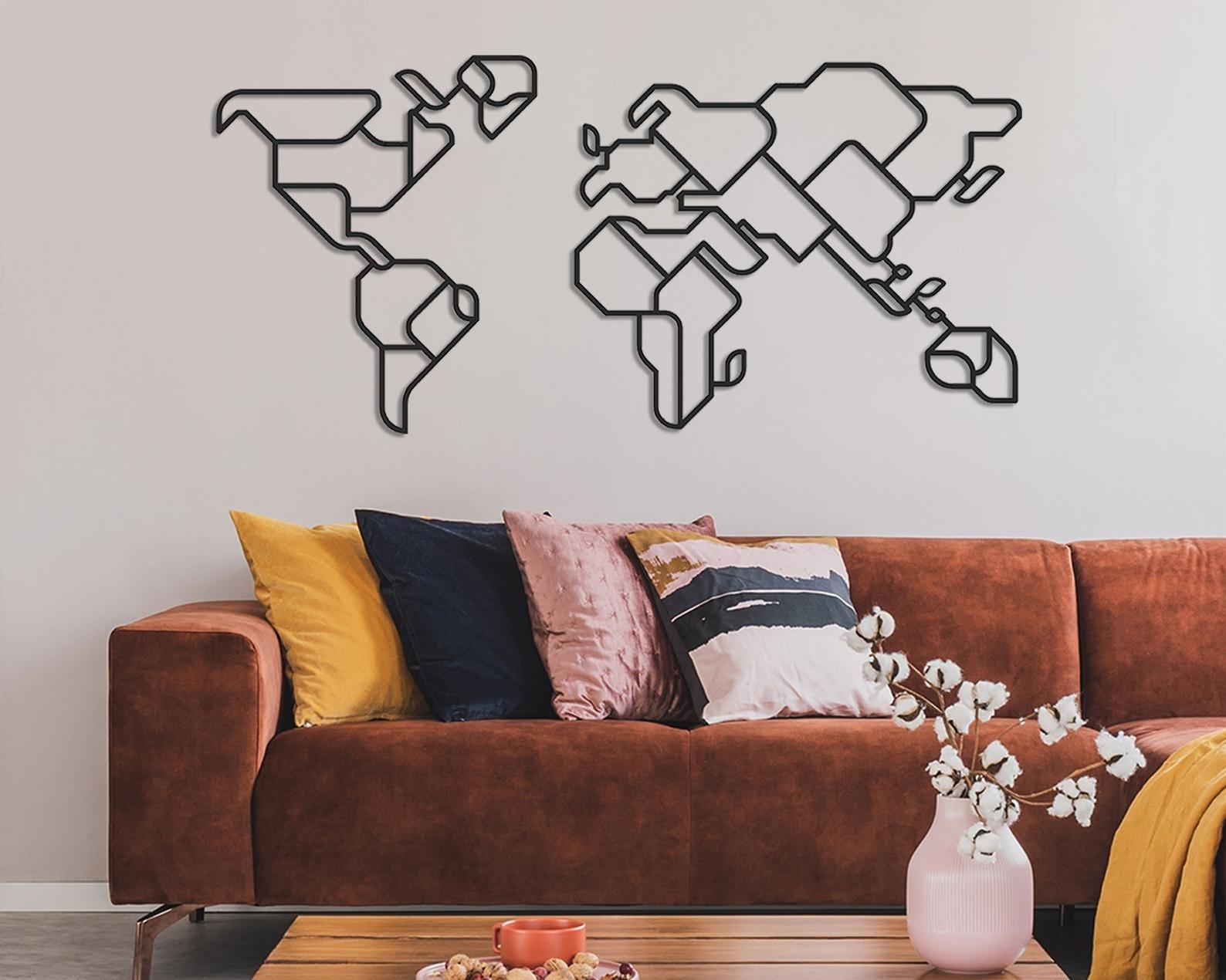 MDF Geometric World Map Wall Hanging Decor, 130X58X0.5 Cm - Black