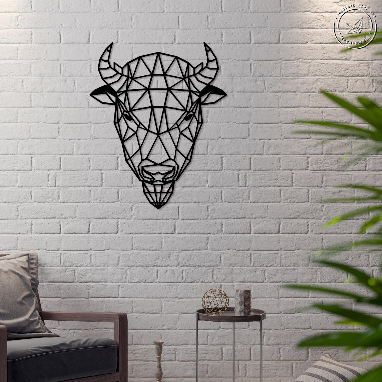 MDF Geometric American Bison Head Wall Hanging Art, 120X96X0.5 Cm - Black