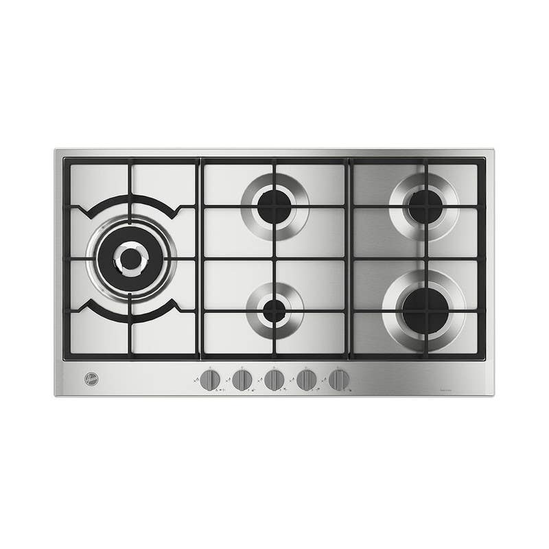 Hoover HVG9WL4K3X EGY Built-in Flat Gas Hob, 90x60 cm, 5 Burners, Full Safety, Cast Iron Holders - Silver