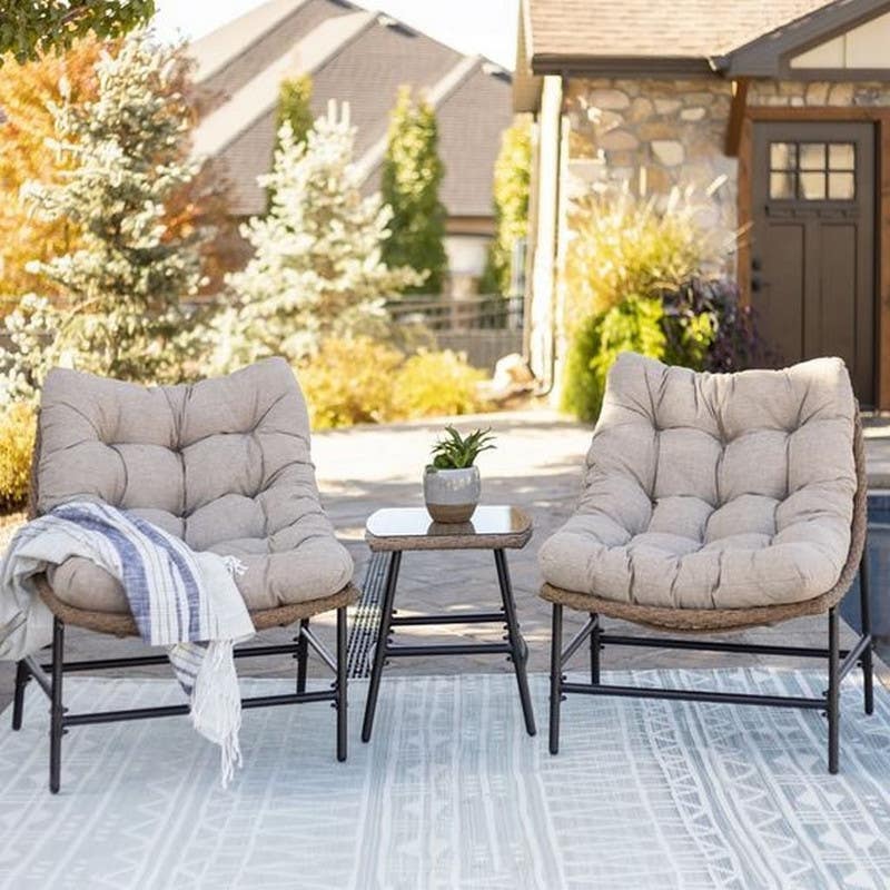 Outdoor Chair Set, Rattan Metal, 3 Pieces - Beige Brown