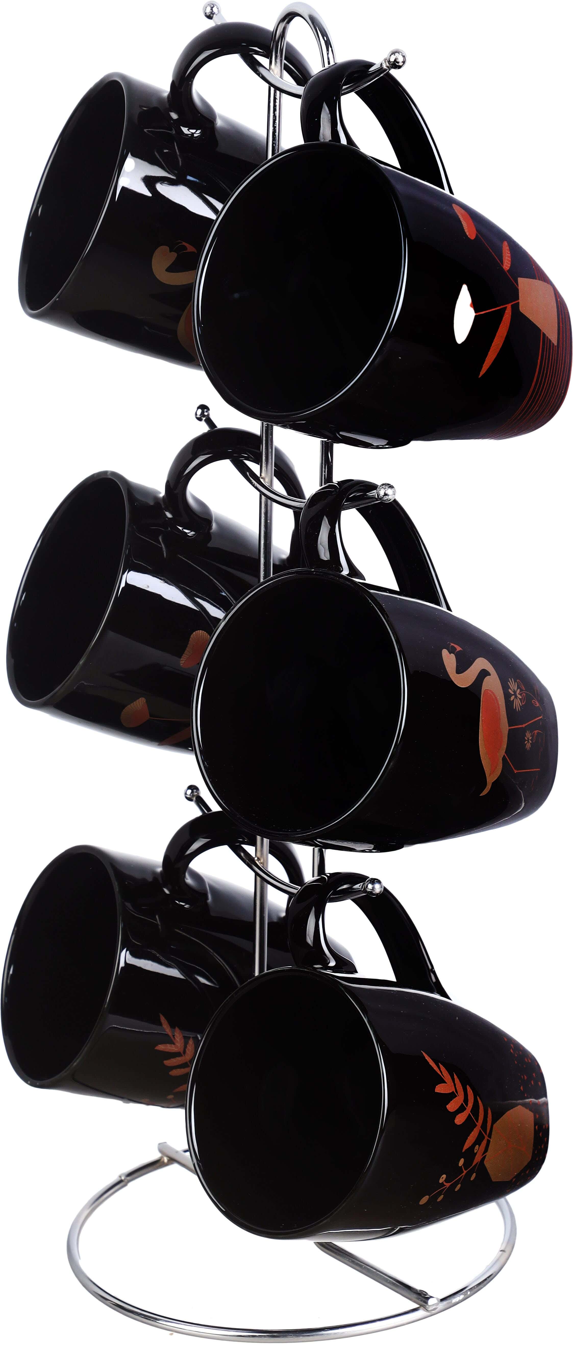 Lotus Dream Porcelain Mug Set, 6 Pieces, With Stand - Black