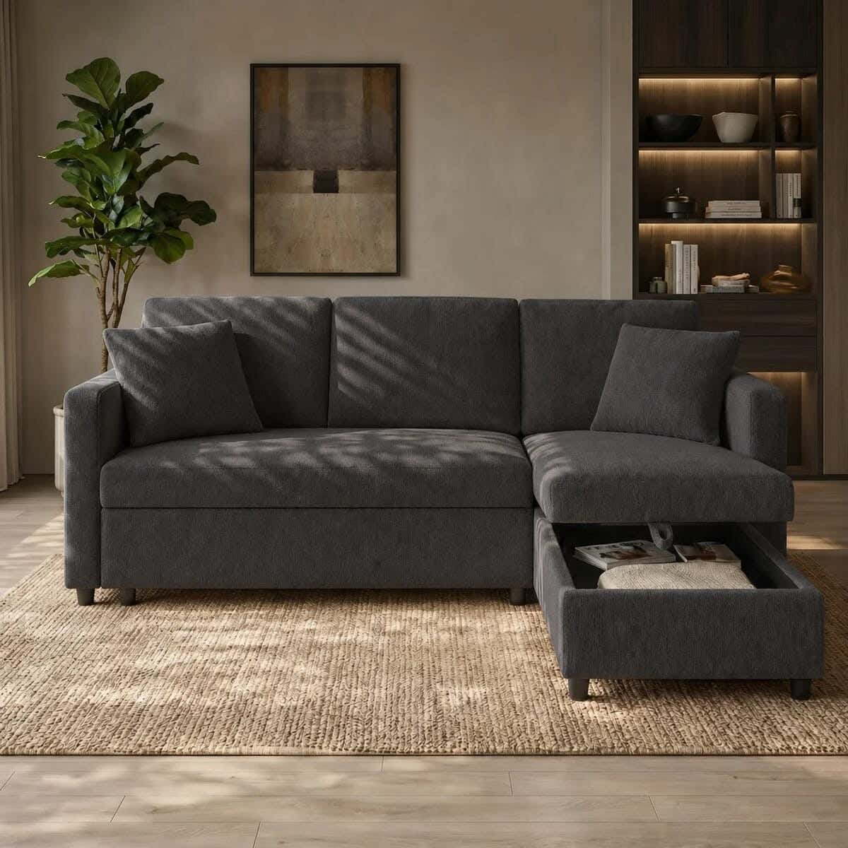 Corner bed with storage, beech wood and linen fabric, 140×280×80 cm - dark gray