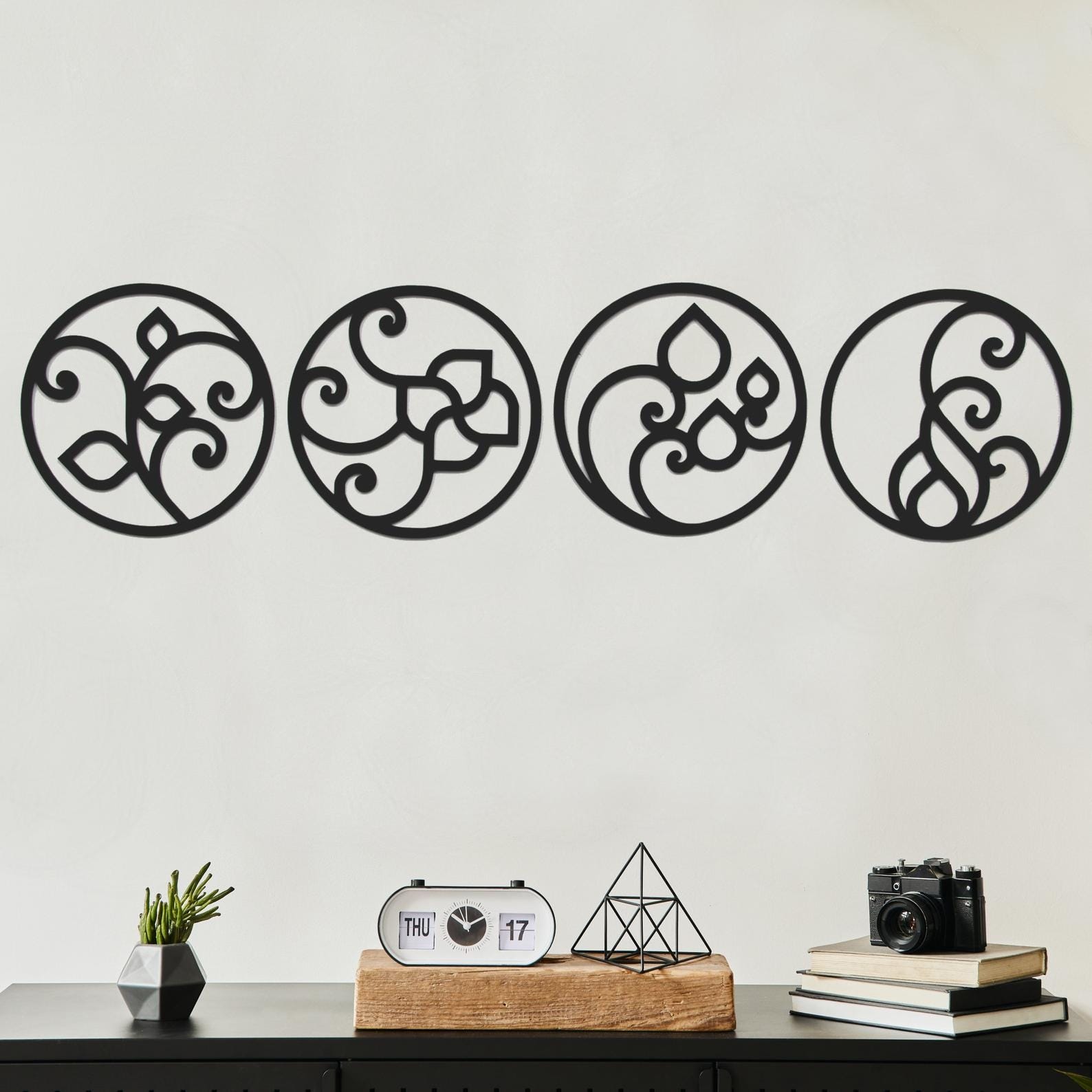 MDF Circle Elements Wall Hanging Art Set, 4 Pieces, 100X100X0.5 Cm - Black