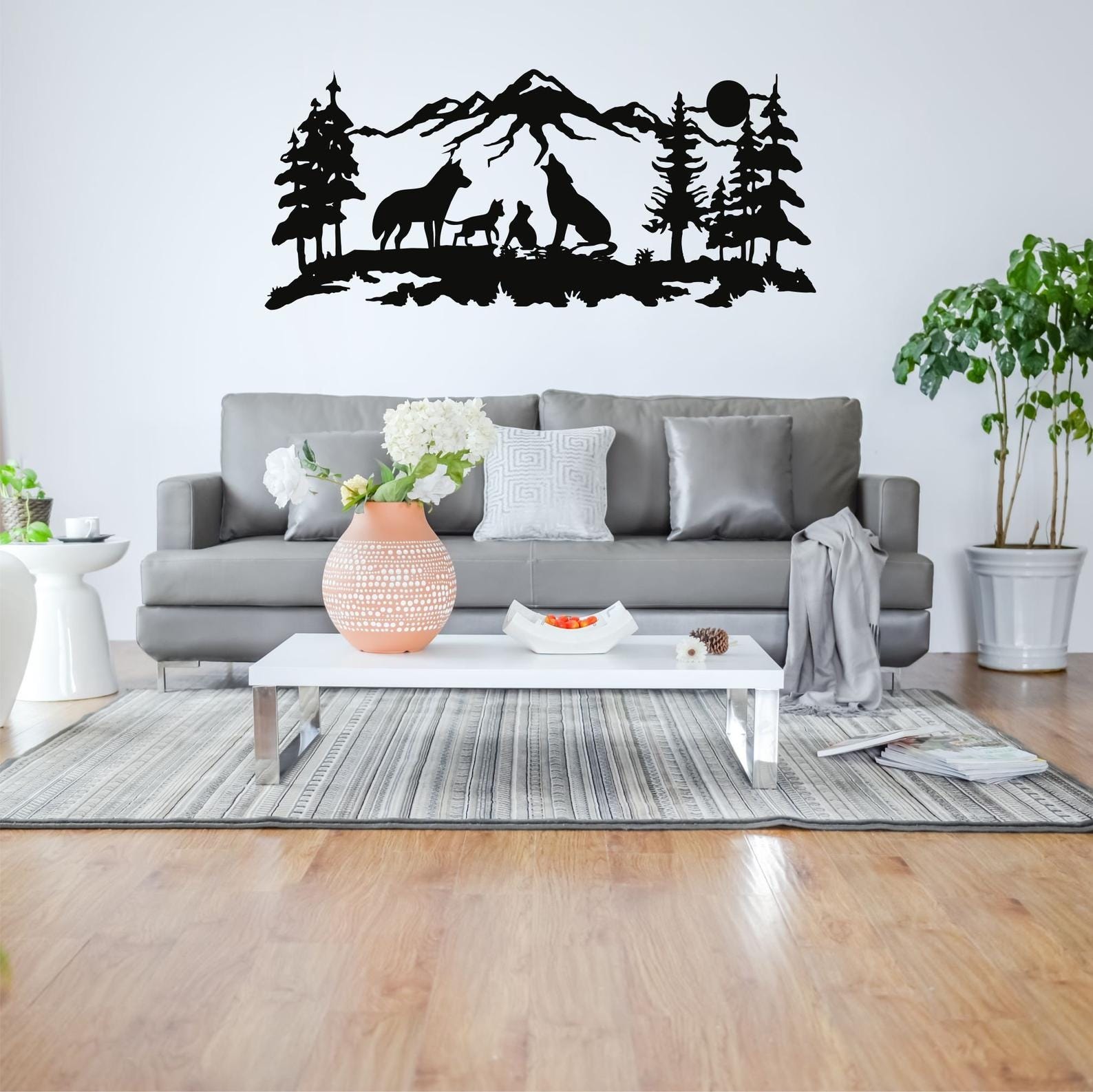 MDF Wildlife Wolf Tree Mountain Wall Hanging Art, 130X56X0.5 Cm - Black