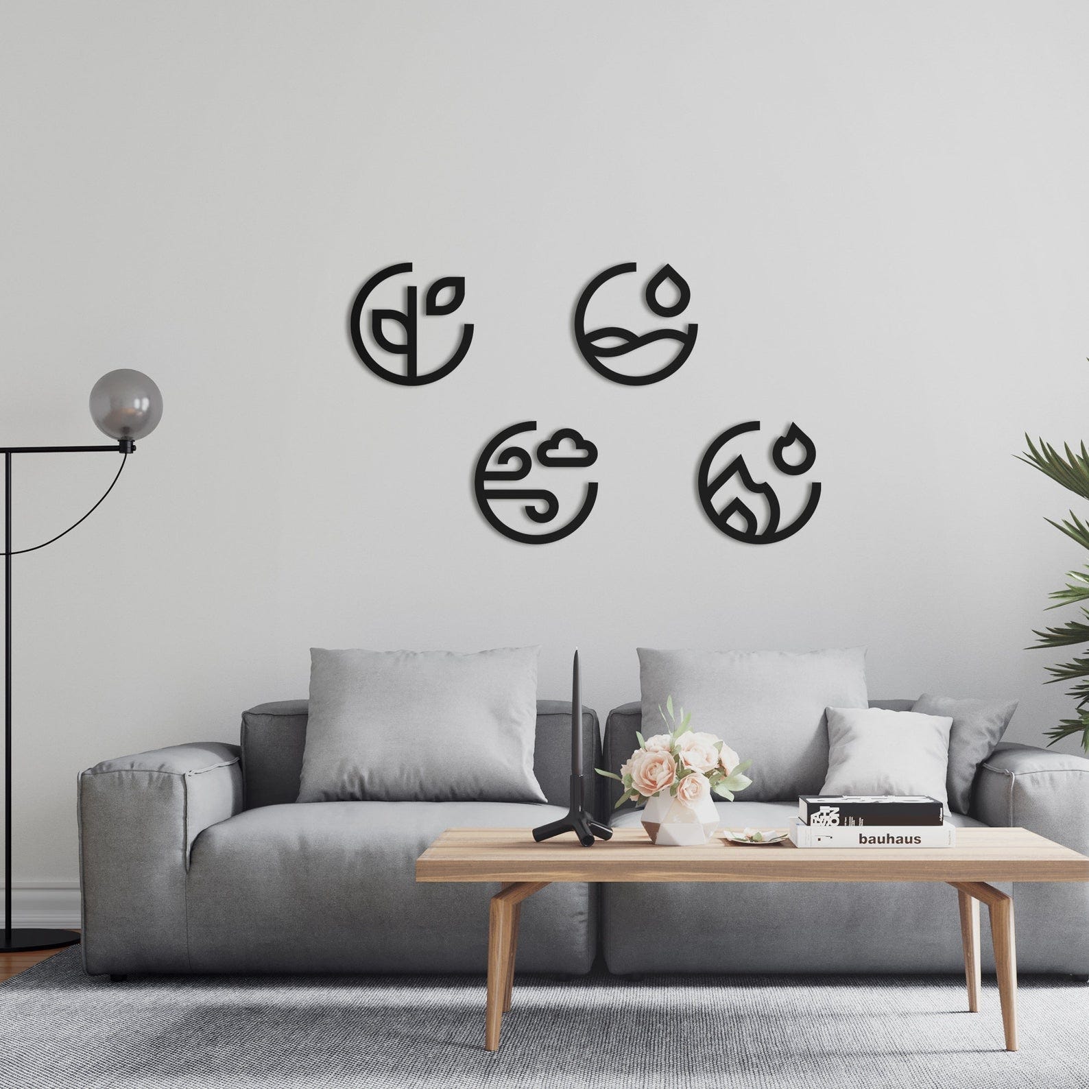MDF Elements Wall Hanging Decor Set, 4 Pieces, 30X30X0.5 Cm - Black