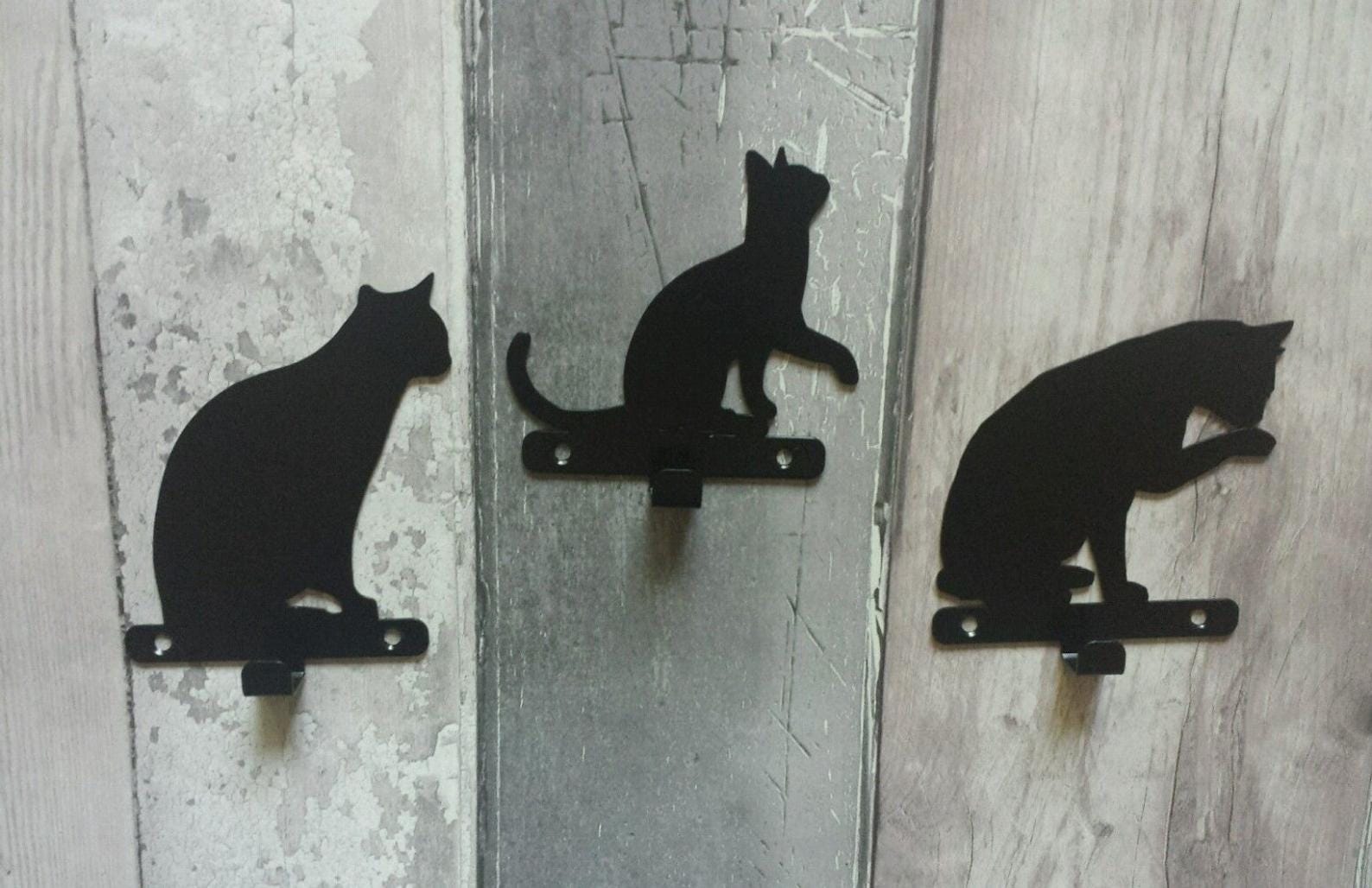 MDF Cat Single Hooks Keys Wall Hanging Art Set, 3 Pieces, 80X80X0.5 Cm - Black