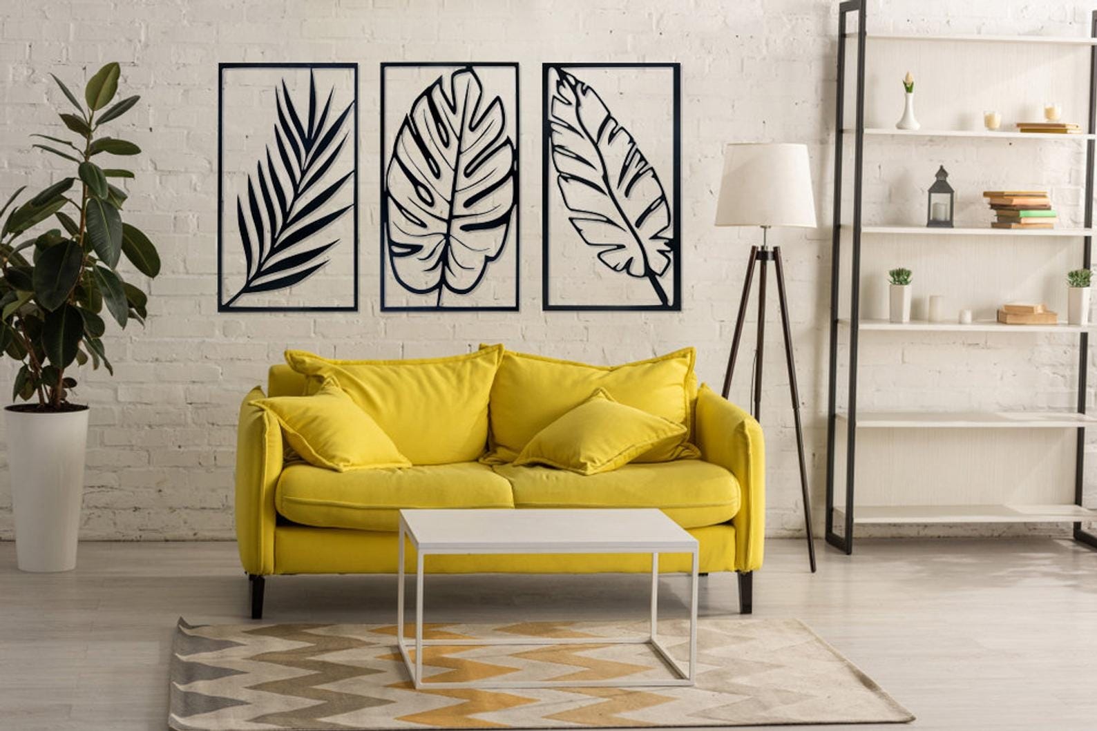 MDF Tropical Leaves Wall Hanging Set, 3 Pieces, 130X78X0.5 Cm - Black