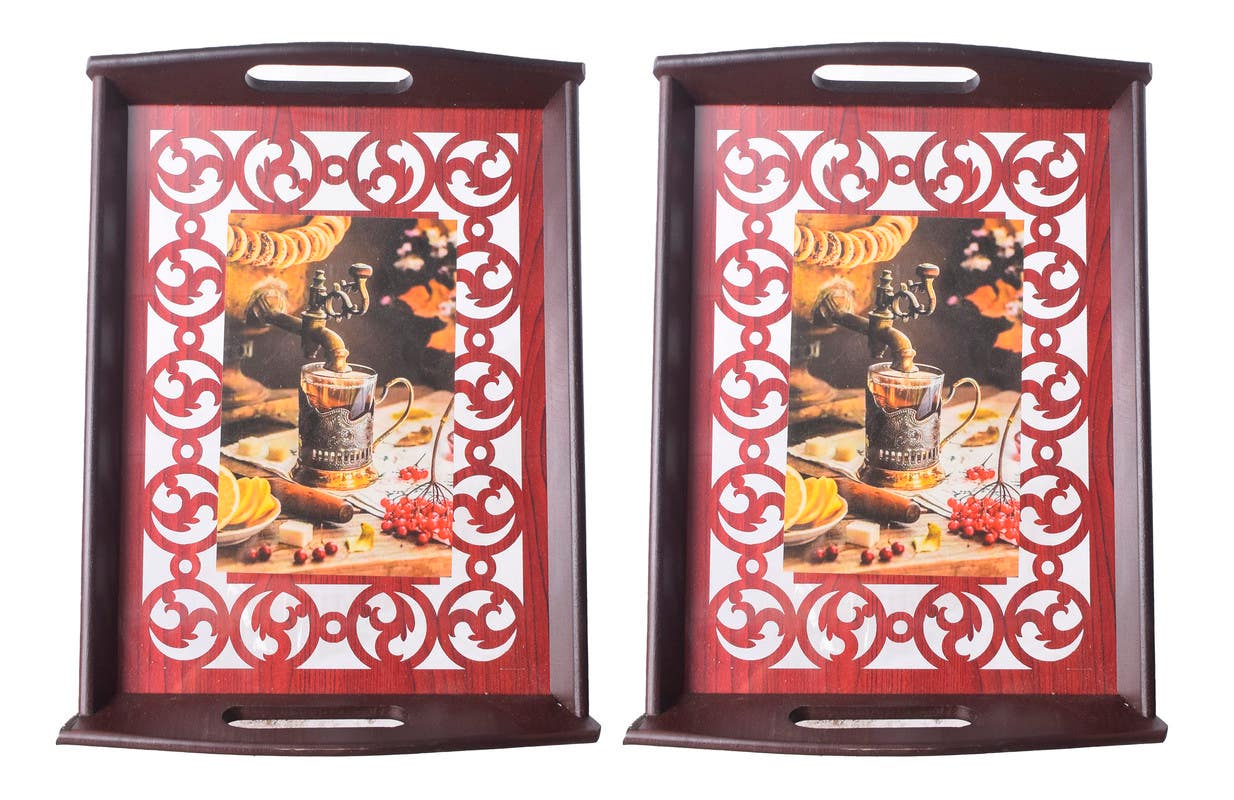 Acrylic and Wood Rectangular Tray Set, 2 Pieces - Brown Red