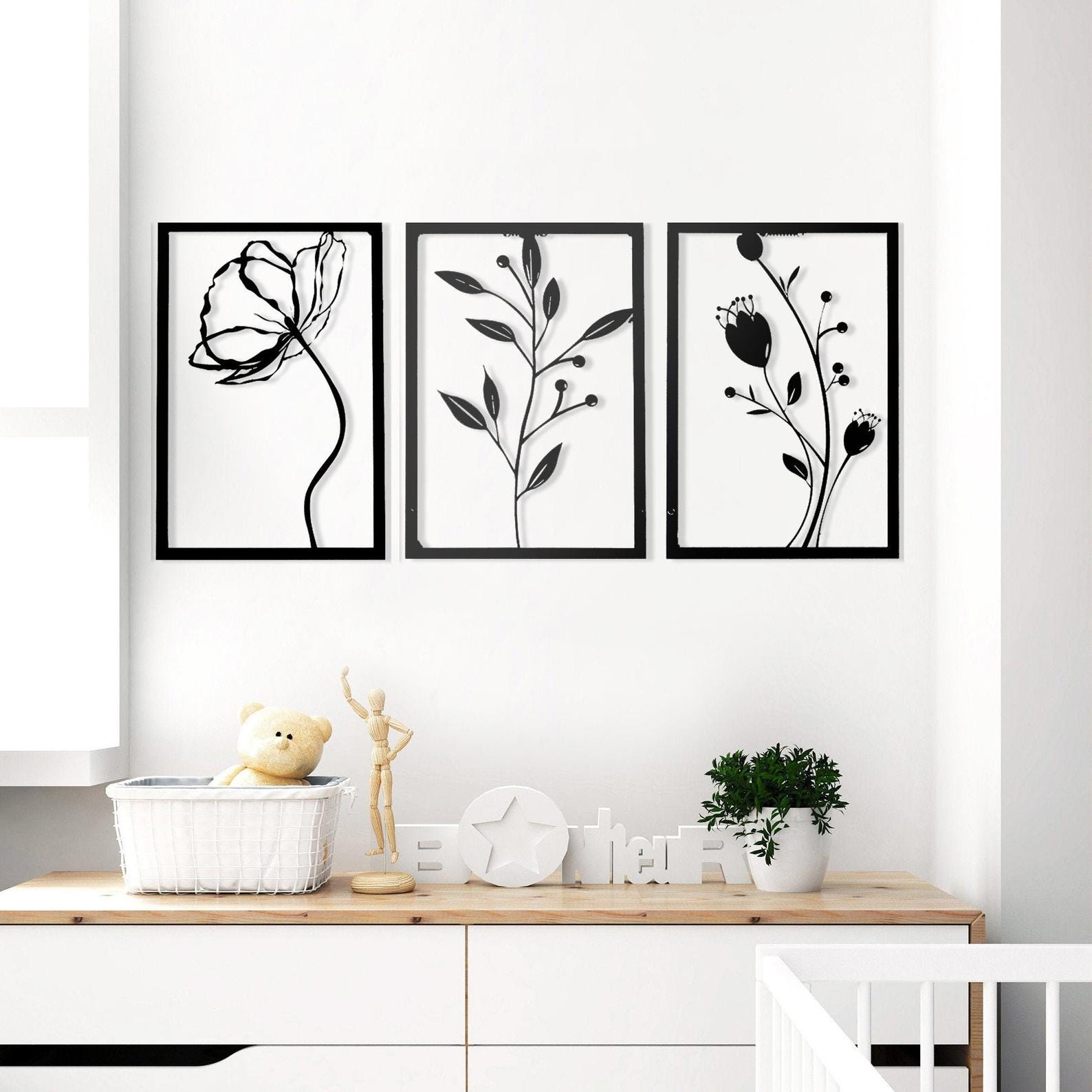 MDF Flower Wall Hanging Decor Set, 3 Pieces, 130X97X0.5 Cm - Black