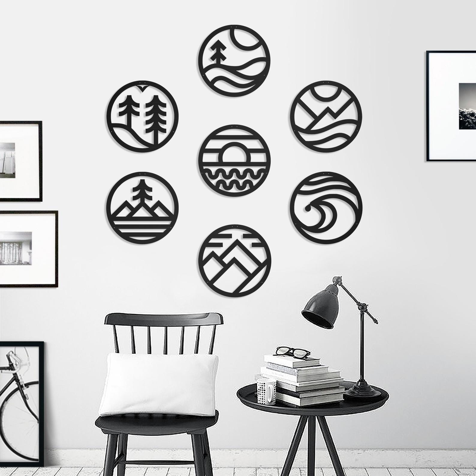 MDF Nature Symbols Wall Hanging Decor Set, 7 Pieces, 100X100X0.5 Cm - Black
