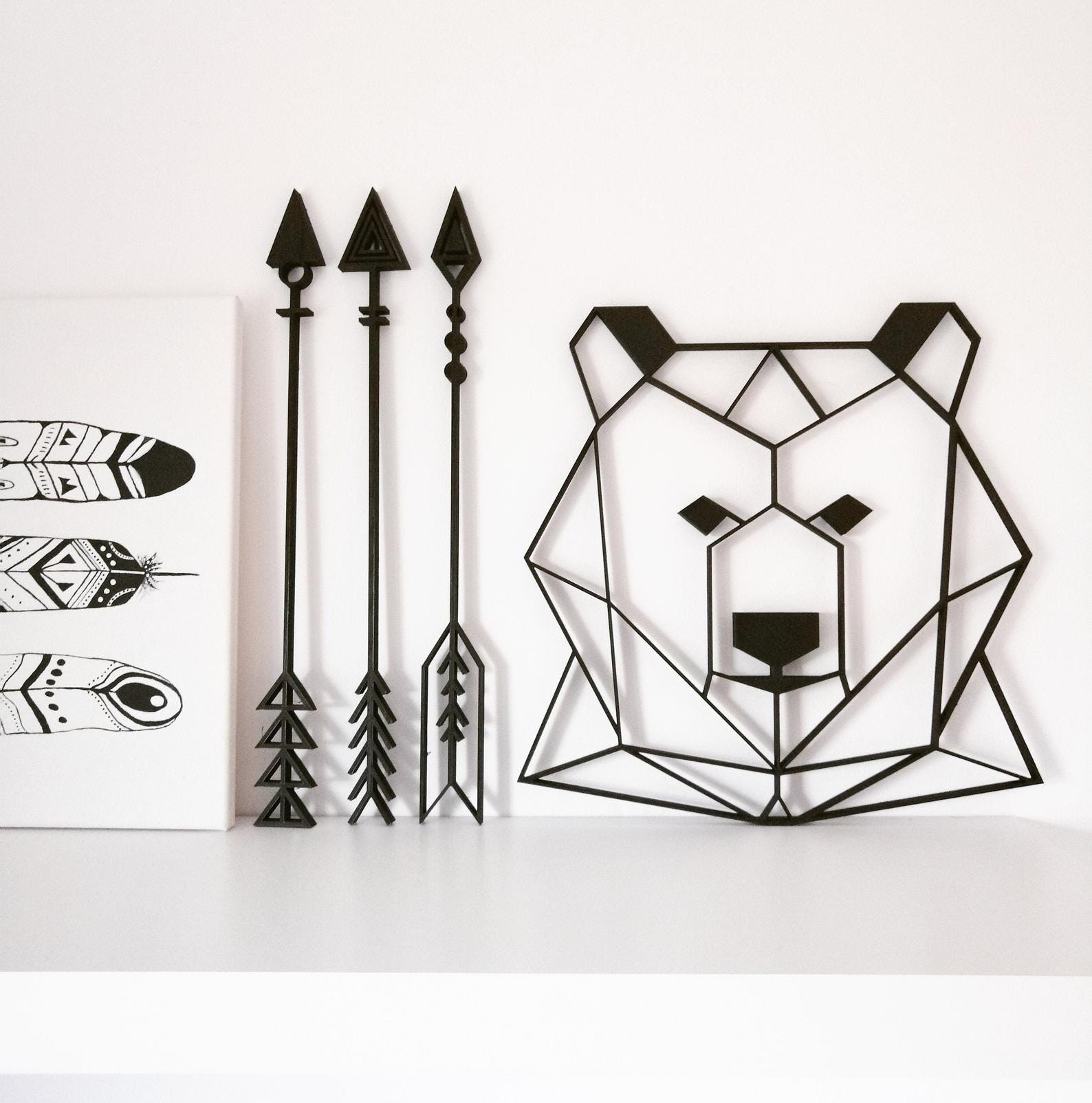MDF Geometric Bear Head Wall Hanging Art, 100X100X0.5 Cm - Black