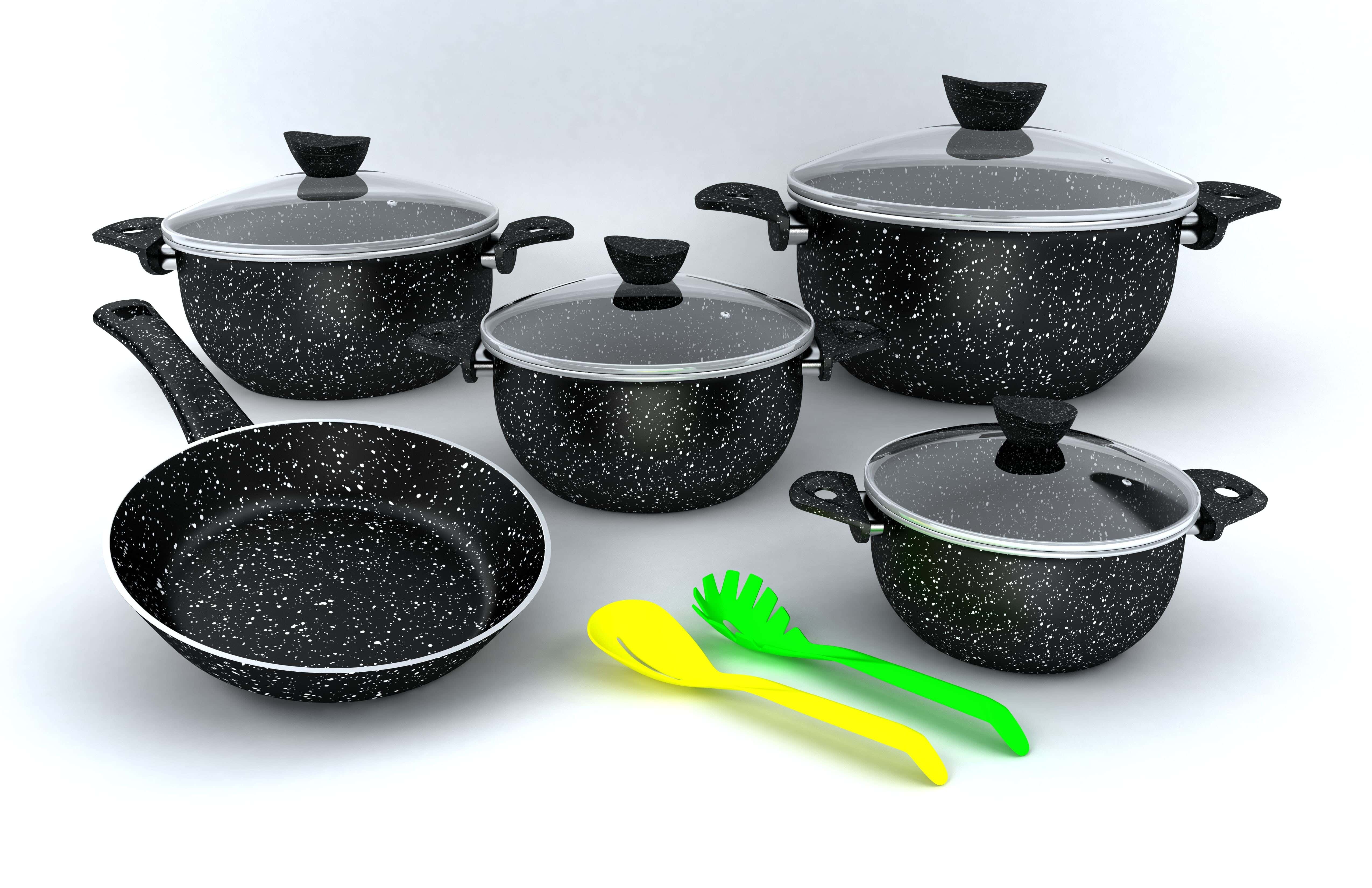 Lapis Geranite Pot Set + Frying Pan, Size 26 cm, + Two Pieces Of Serve Tools - Black