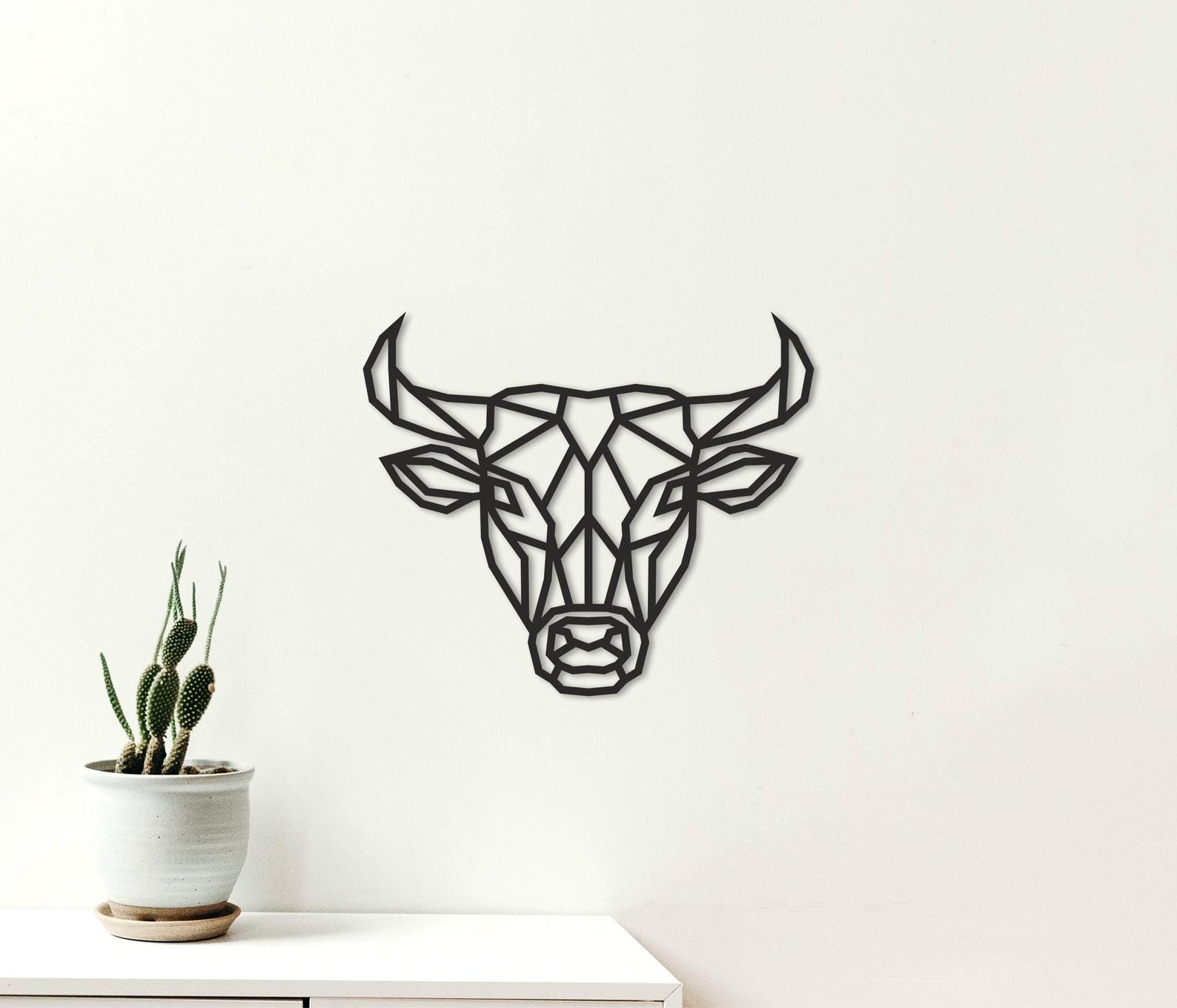 MDF Geometric Bull Head Wall Hanging Art, 80X80X0.5 Cm - Black