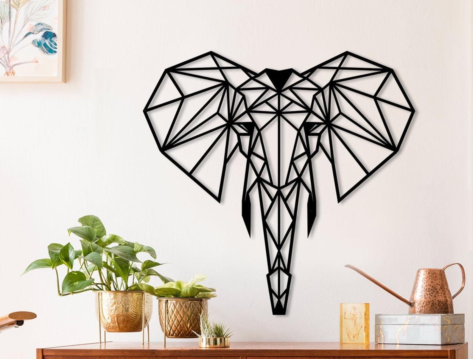 MDF Geometric Elephant Head Wall Hanging Art, 80X82X0.5 Cm - Black