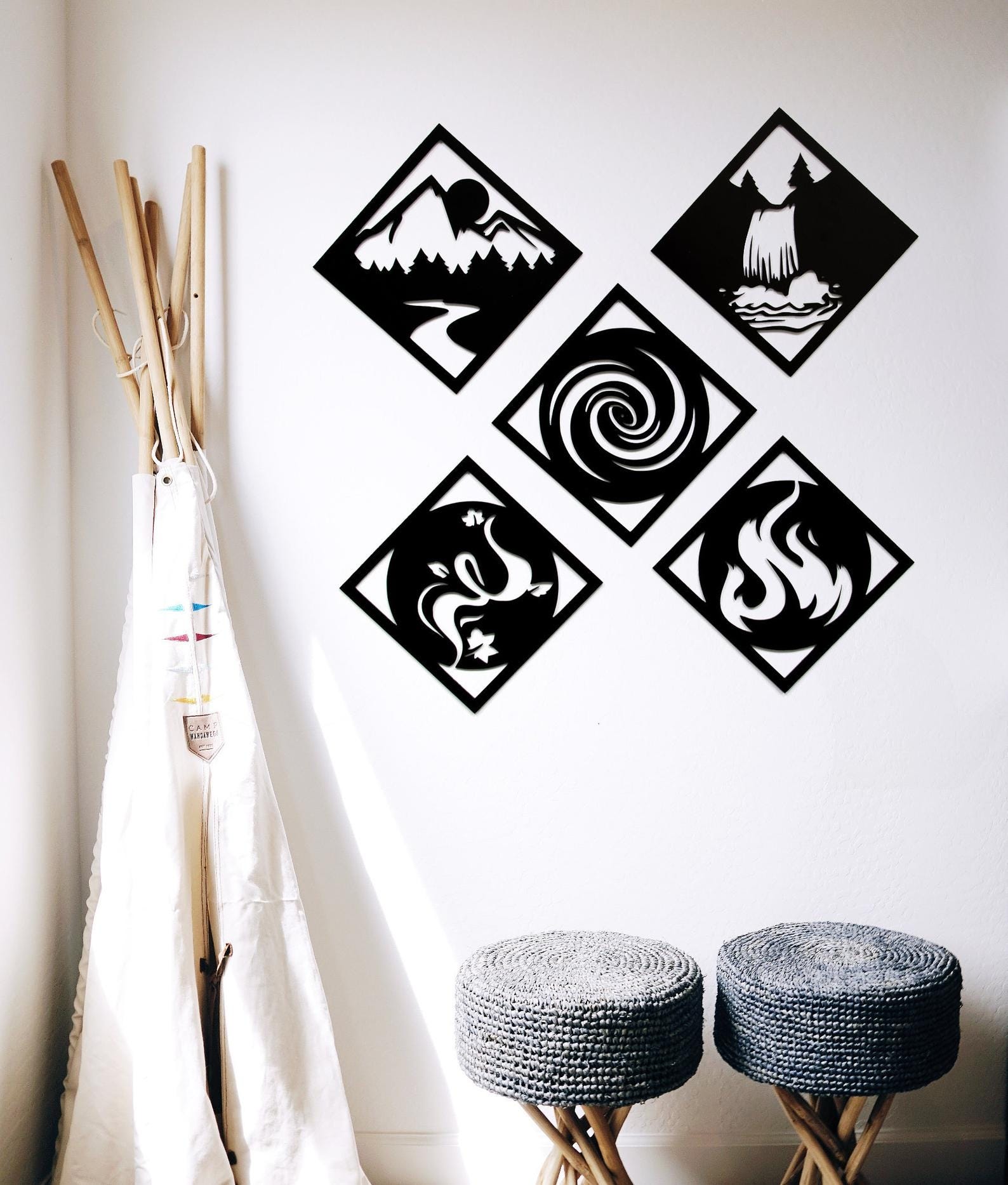 MDF Elements Wall Hanging Art Set, 5 Pieces, 100X100X0.5 Cm - Black