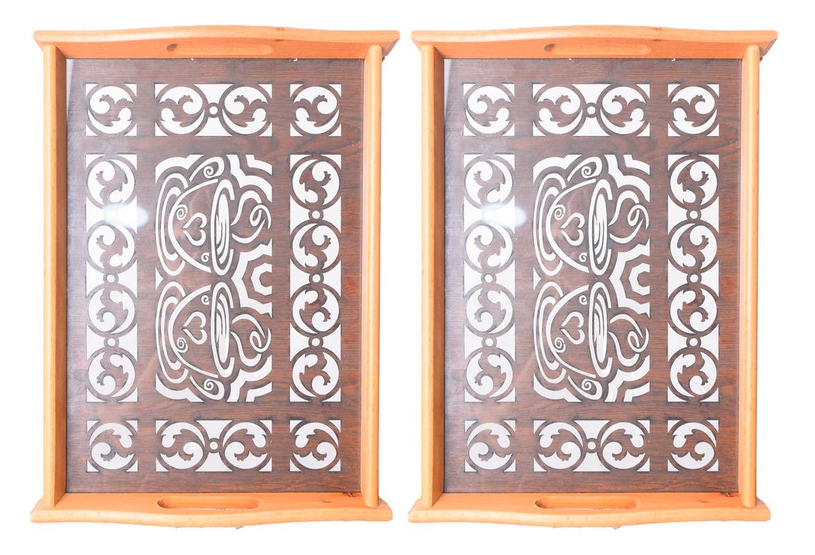 Acrylic and Wood Rectangular Tray Set, 2 Pieces - Brown White
