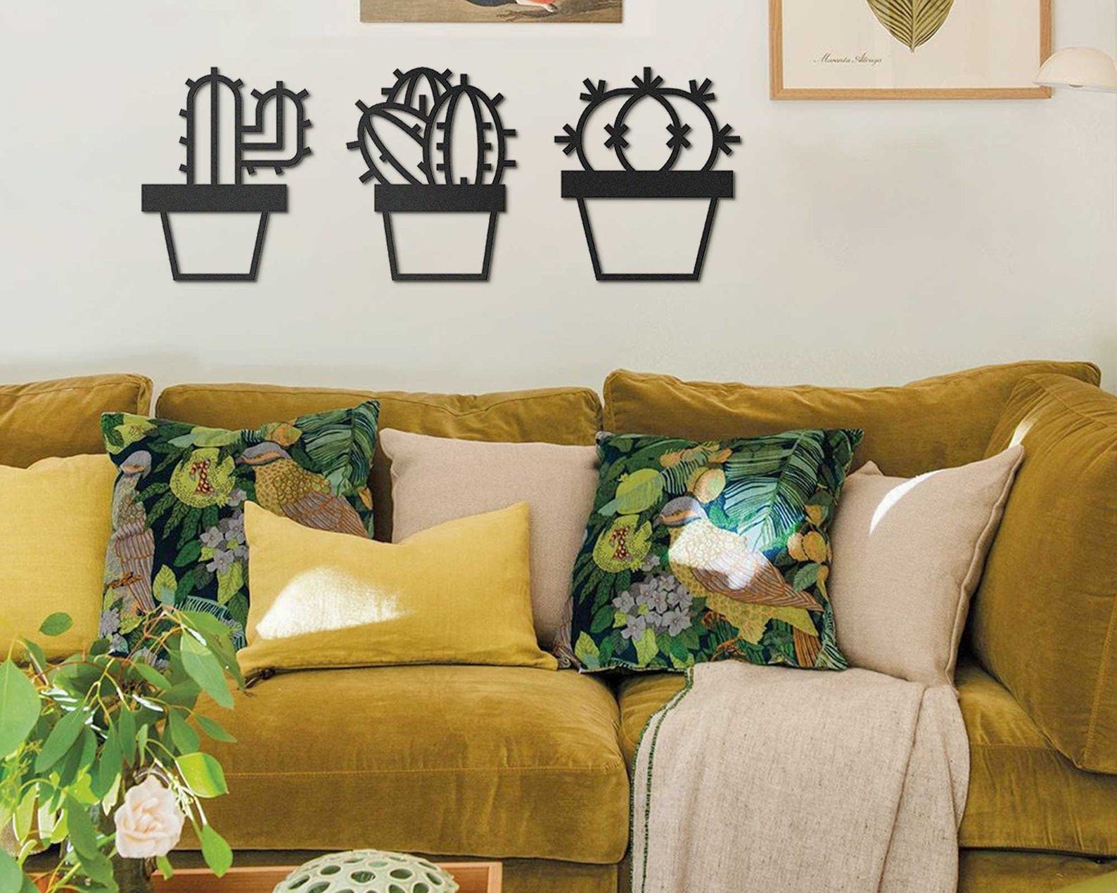 MDF Cactus Wall Hanging Decor Set, 3 Pieces, 100X100X0.5 Cm - Black