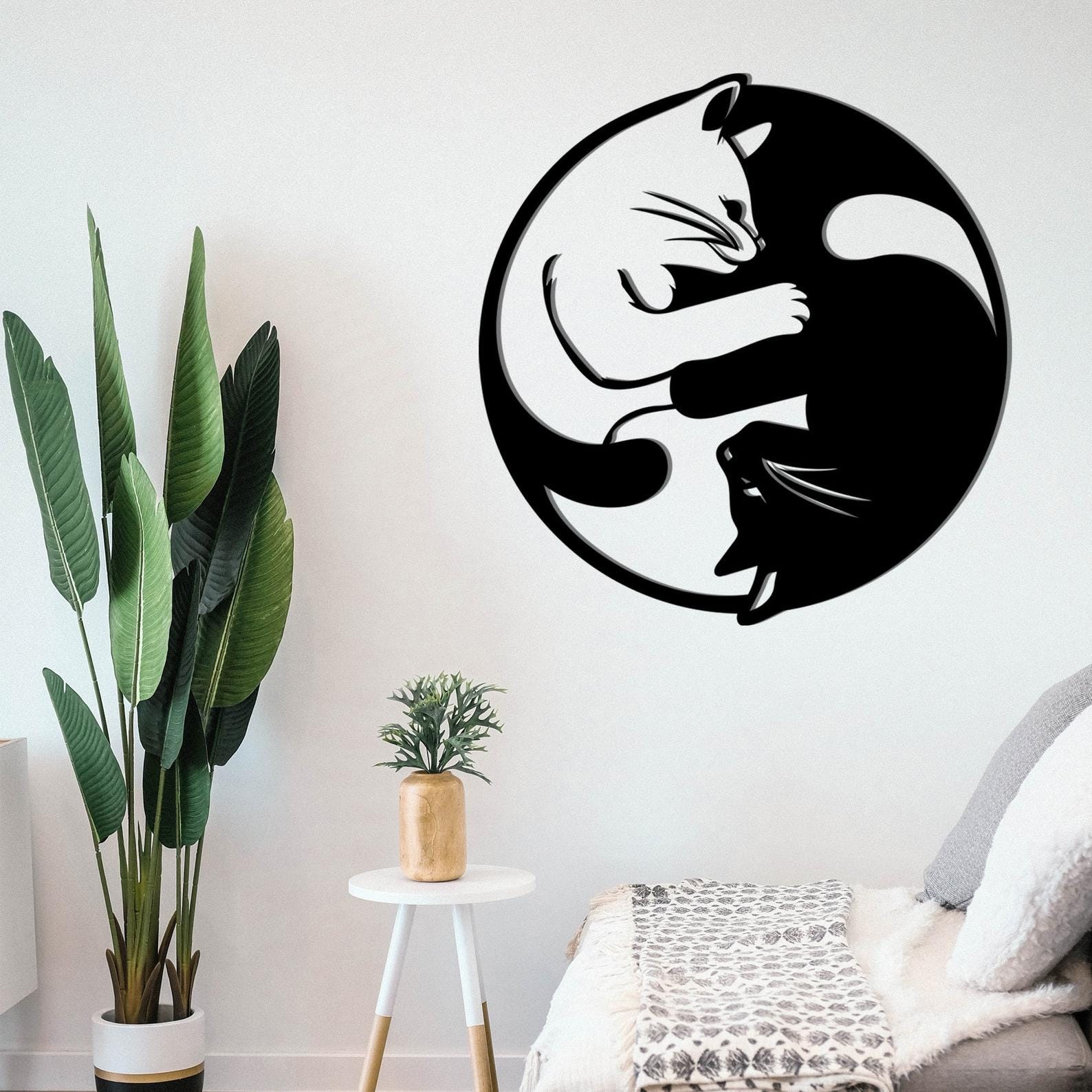 MDF Yin Yang Cat Wall Hanging Art, 100X96X0.5 Cm - Black