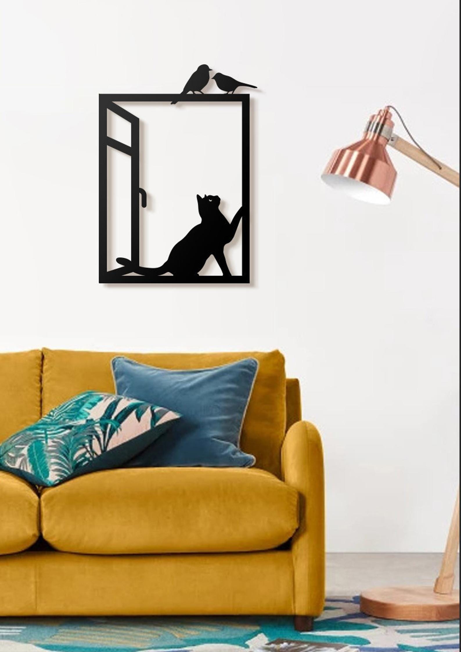 MDF Cat With Birds On Window Wall Hanging Art, 110X77X0.5 Cm - Black
