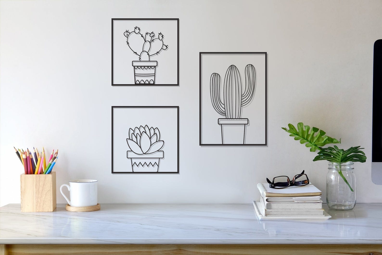 MDF Cactus Wall Hanging Art Set, 3 Pieces, 100X100X0.5 Cm - Black