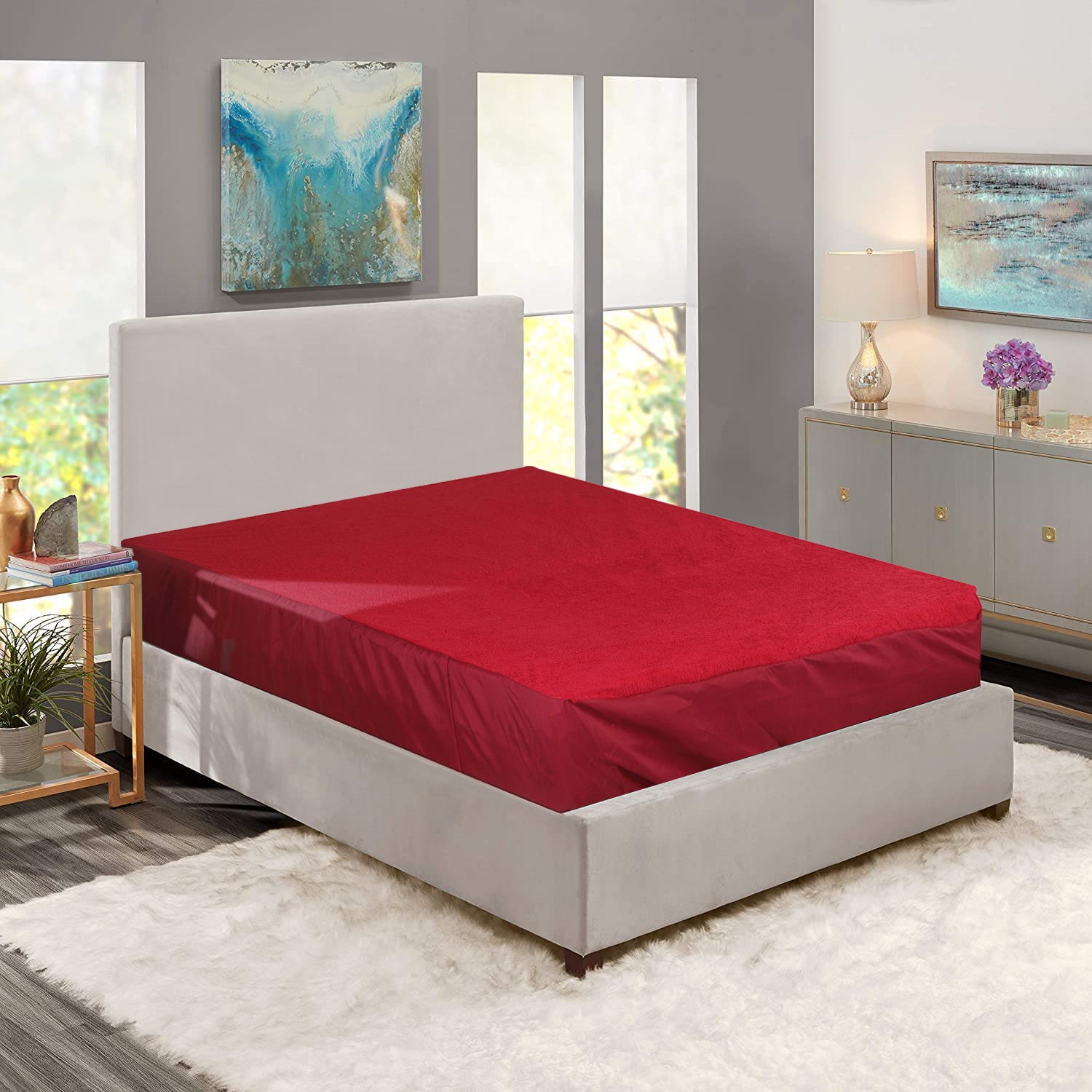 Royal Crown Elastic Cotton Mattress Cover, 120×195 cm - Dark Red
