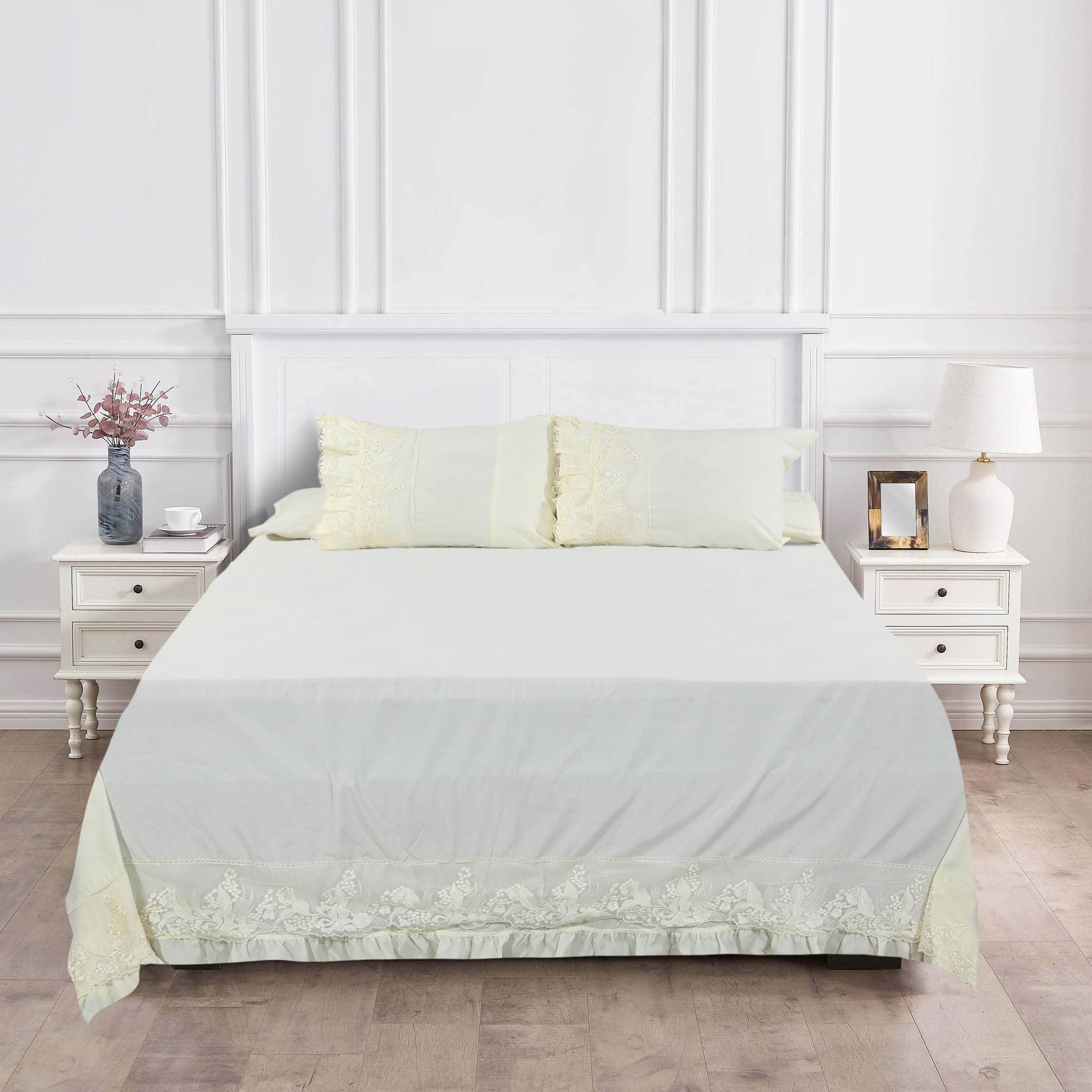 Loom Cotton Bed Sheet Set, 4 Pieces, 240×260 cm, 2900 gm - Off White Yellow