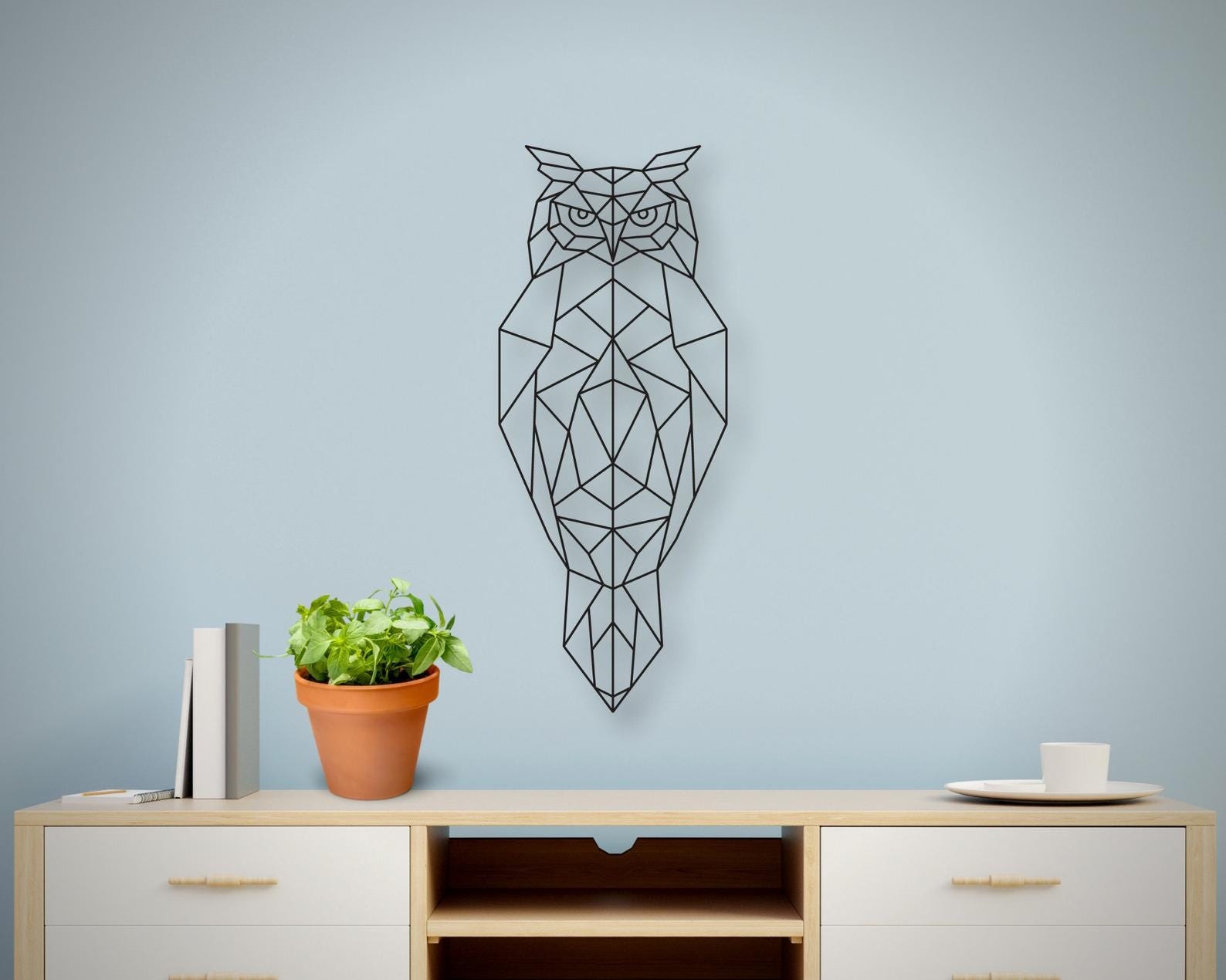 MDF Geometric Owl Wall Hanging Art, 130X50X0.5 Cm - Black